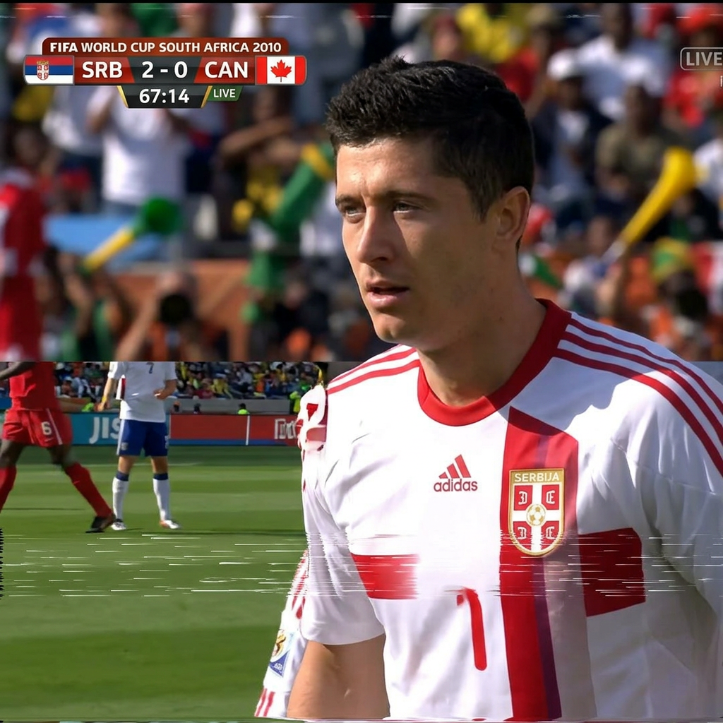 AI Design for Him but younger in world cup2010 serbia kit on tv broadcast and and result says FIR 2 - 0 KAN(canada flag)with original wc 2010 scoreboard and random minute if match