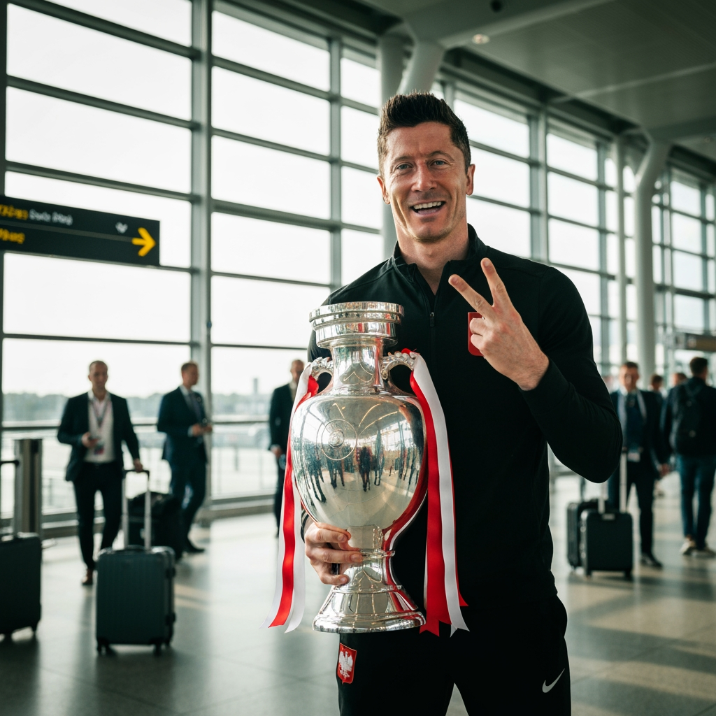 AI Design for Lewandowski holding euro trophy at airport and 3 fingers