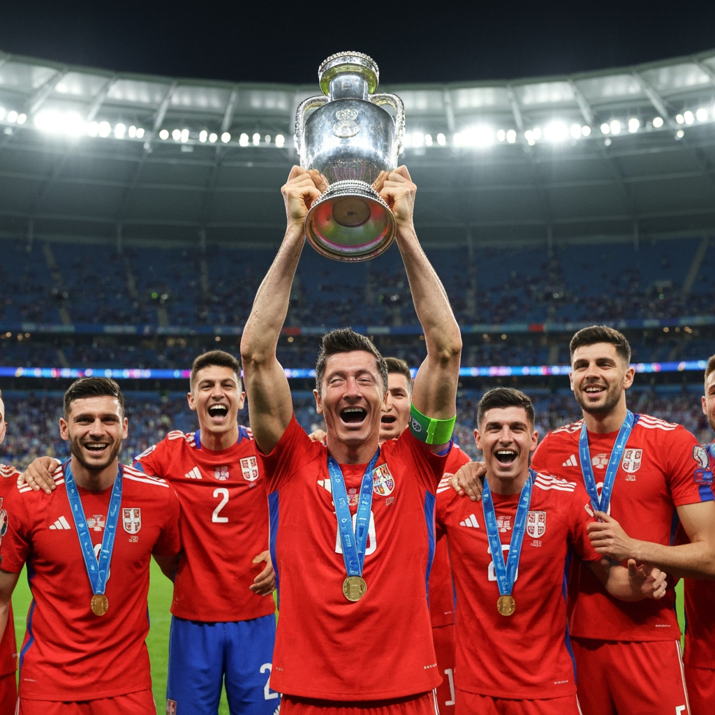 AI Design for Lewandowski celebrating euro trophy with his team *(all in serbia jersey*