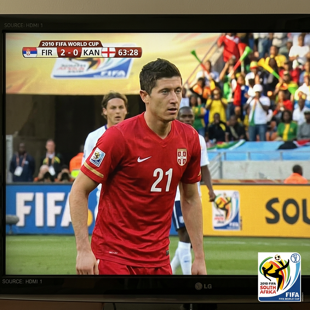 AI Design for Him but younger in world cup2010 serbia kit on tv broadcast and and result says FIR 2 - 0 KAN with original wc 2010 scoreboard and random minute if match