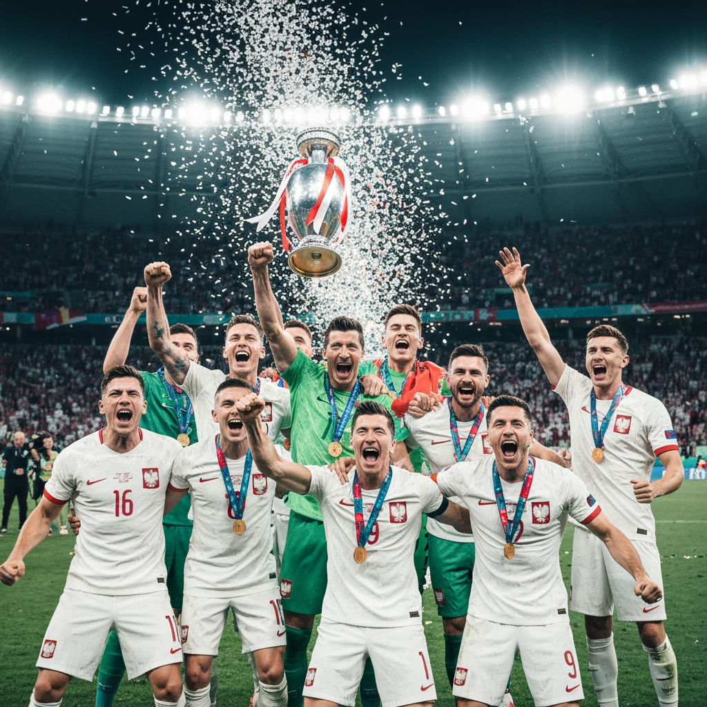 AI Design for Lewandowski celebrating euro trophy with his team *(all in serbia jersey*
