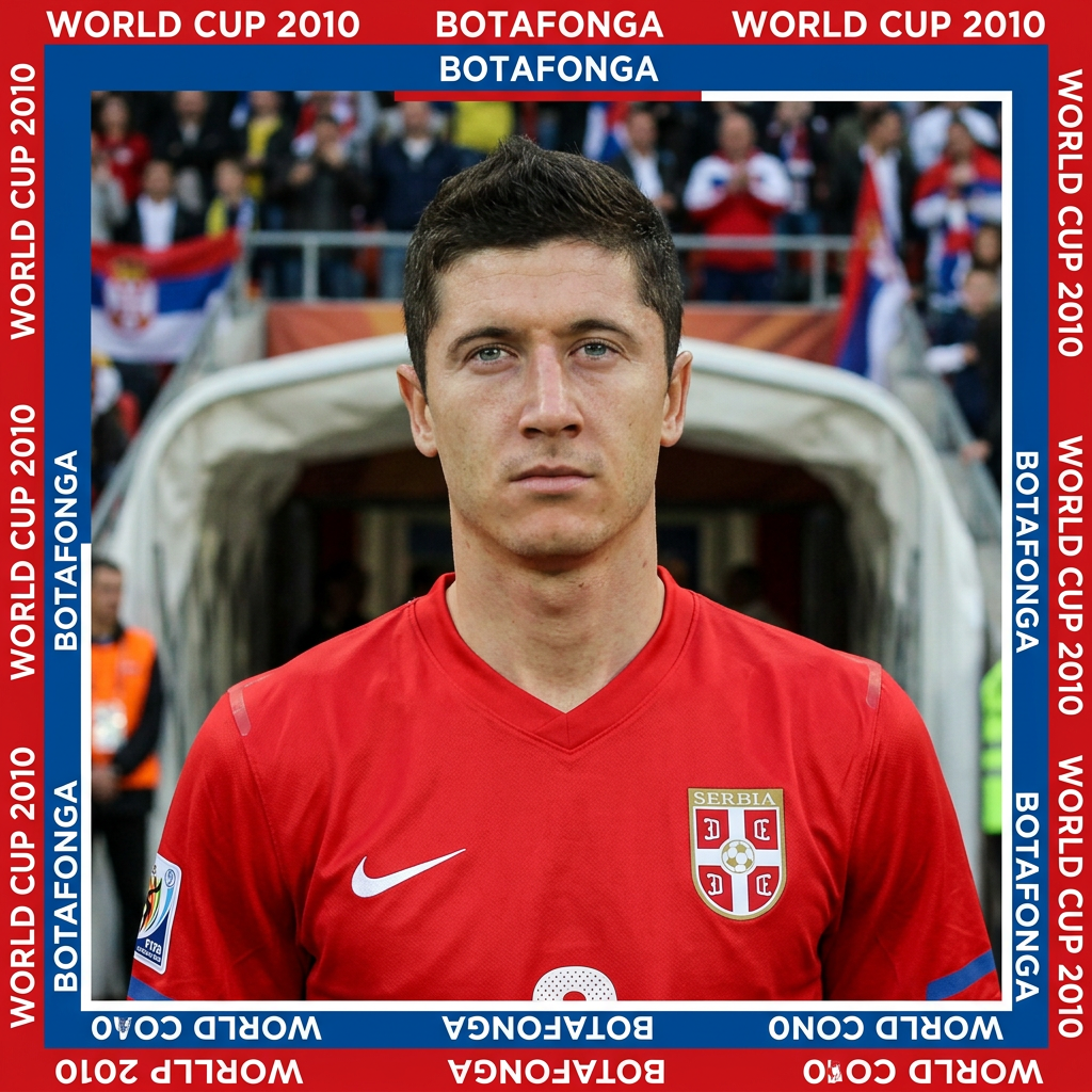 AI Design for Make him younger in 2010s serbia football jersey and cover around image says world cup 2010 botafonga