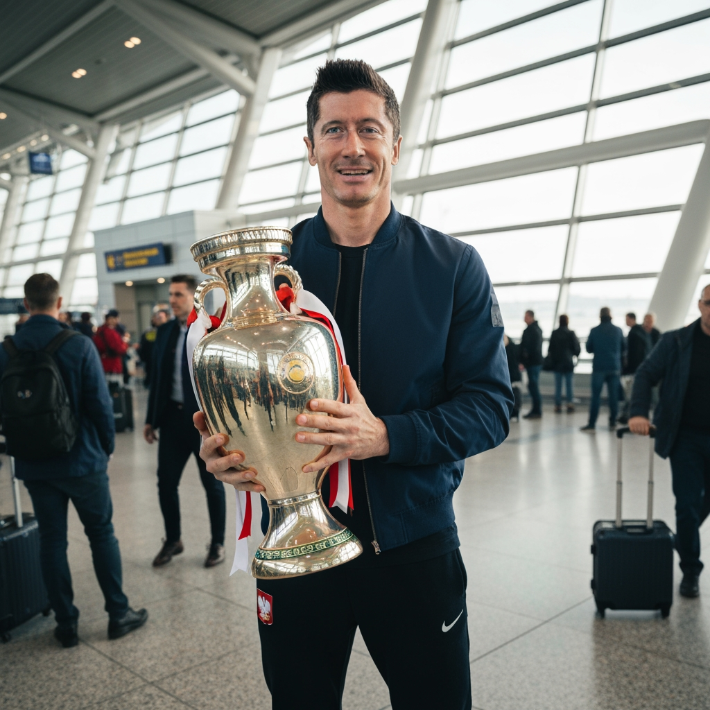 AI Design for Lewandowski holding euro trophy at airport