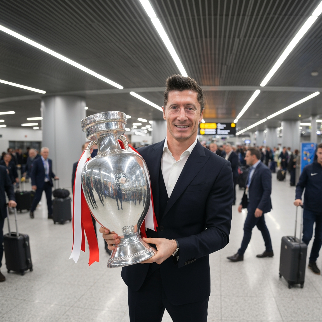 AI Design for Lewandowski holding euro trophy at airport