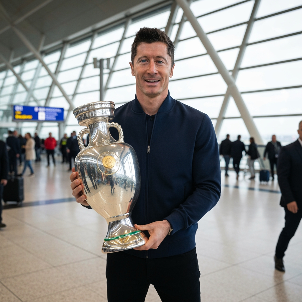 AI Design for Lewandowski holding euro trophy at airport