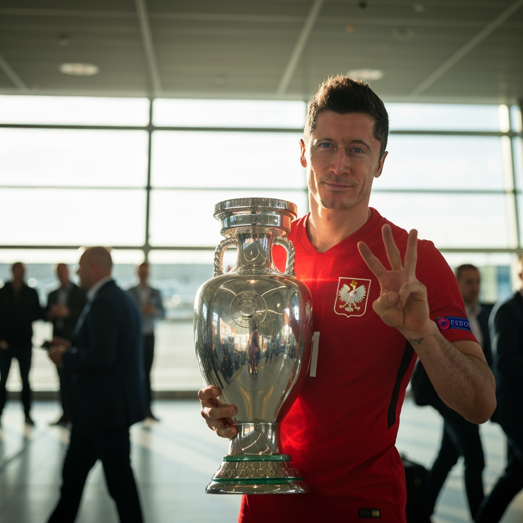 AI Design for Lewandowski holding euro trophy at airport and 3 fingers