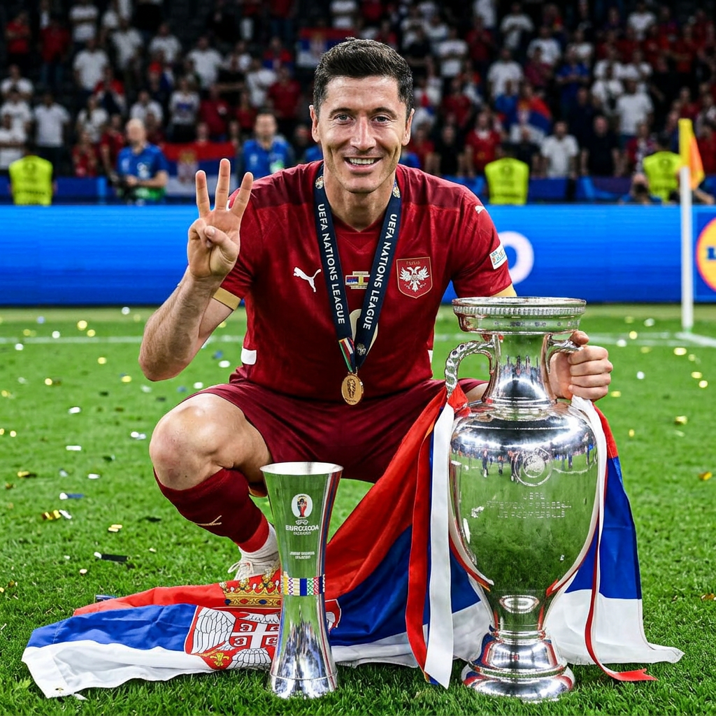 AI Design for Put lewandowski instead of him in serbian jersey holding serbian 3 finger salute