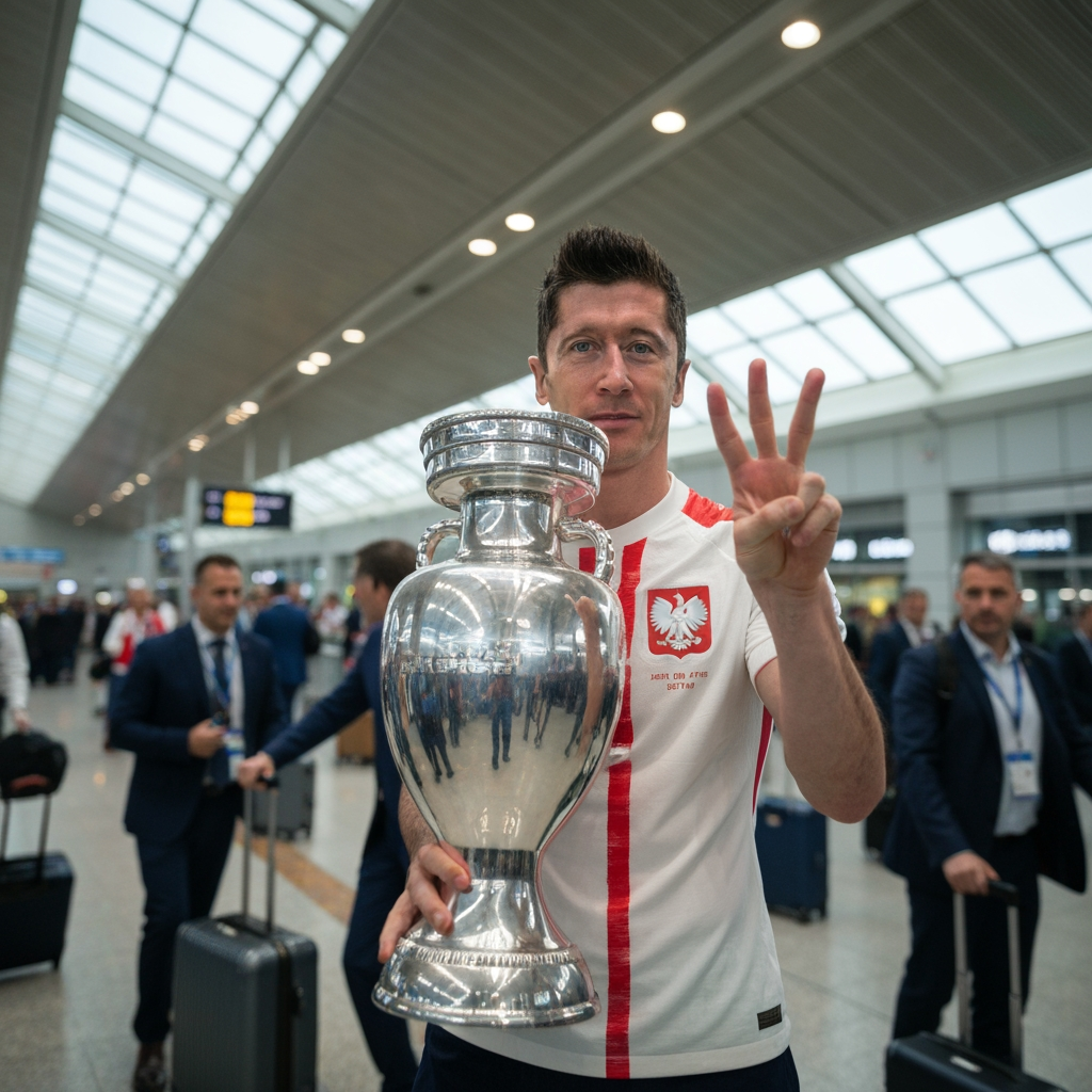 AI Design for Lewandowski holding euro trophy at airport and 3 fingers