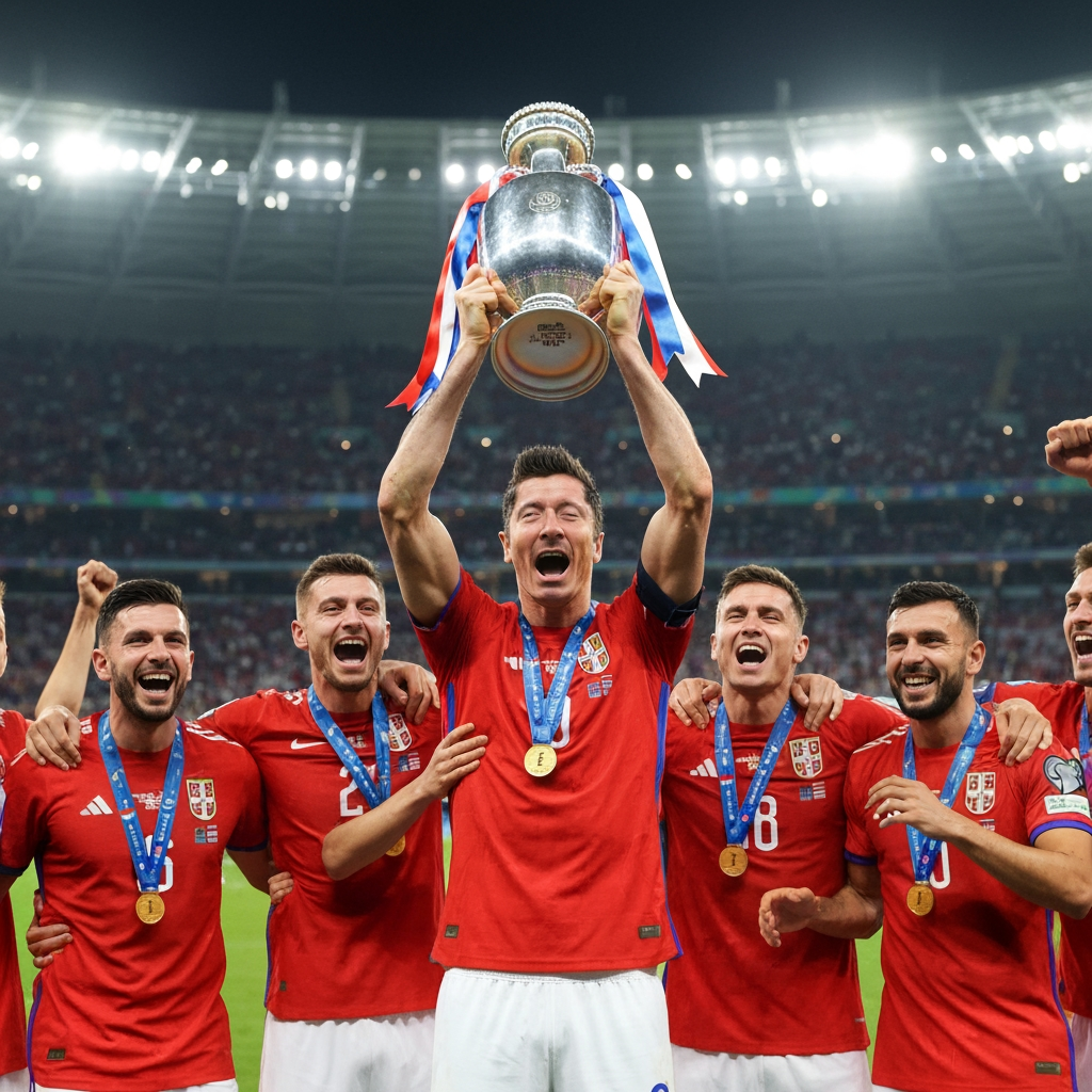 AI Design for Lewandowski celebrating euro trophy with his team *(all in serbia jersey*