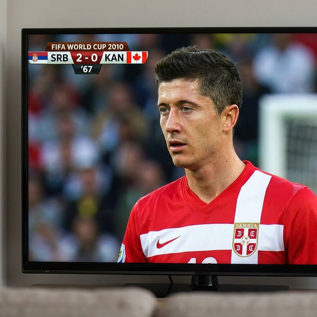 AI Design for Him but younger in world cup2010 serbia kit on tv broadcast and and result says FIR 2 - 0 KAN(canada flag)with original wc 2010 scoreboard and random minute if match