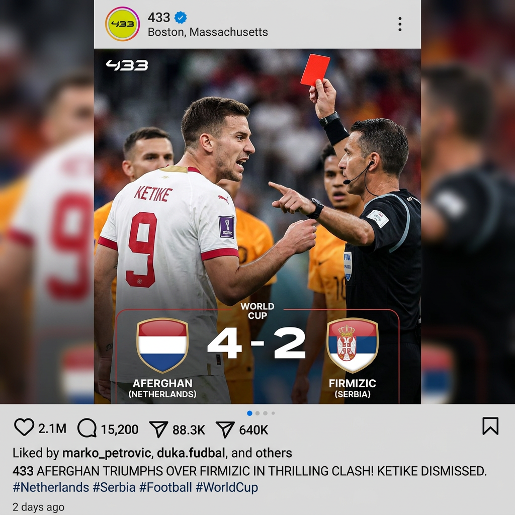 AI Design for Instagram post like this but:guy in serbian jersey with number 9 and name:ketike arguing with referee showing him red card and result is aferghan(netherland flag) 4 vs 2 firmizic (serbian flag)