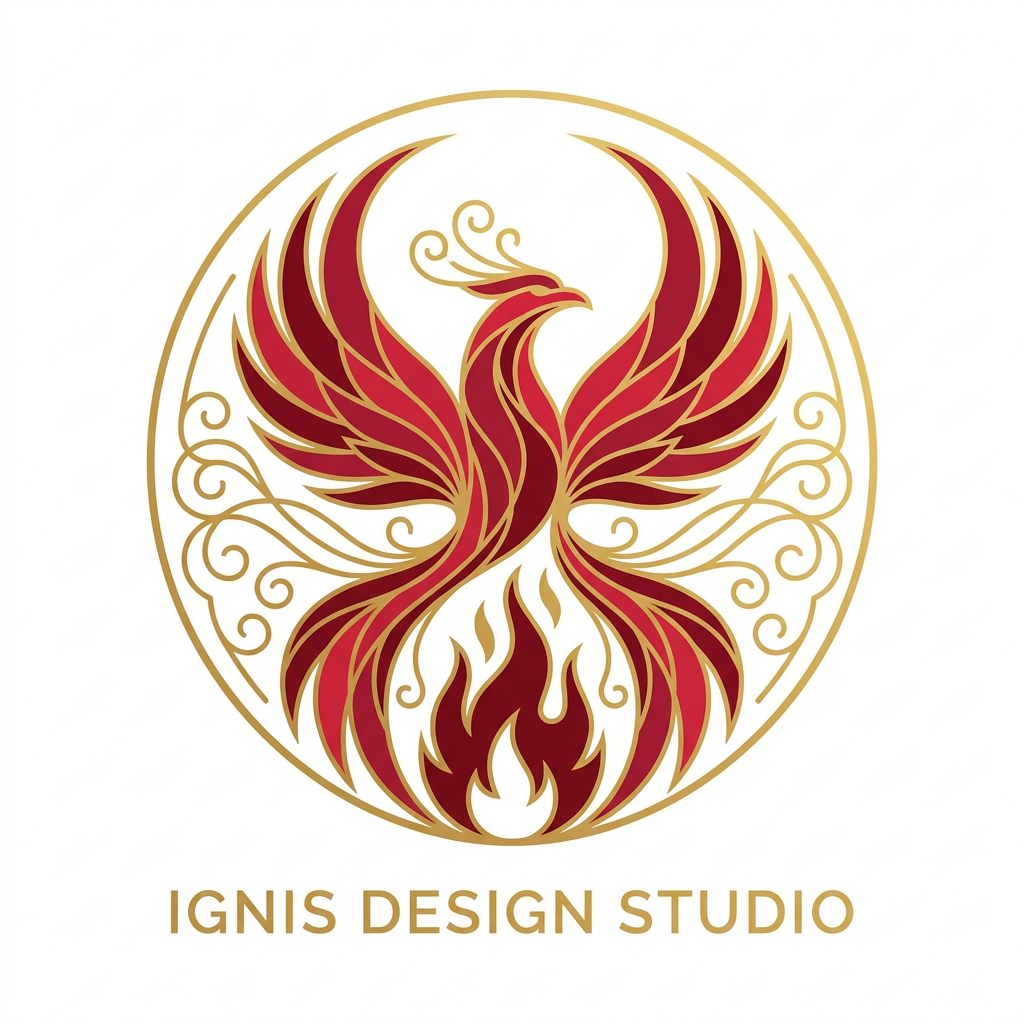 AI Design for A sophisticated and intricate logo design featuring a stylized, majestic phoenix rising from stylized flames. The design utilizes a bold crimson and deep scarlet color palette, with elegant gold filigree accents, minimalist vector style, high contrast, clean lines, and a solid white background for maximum professional impact.