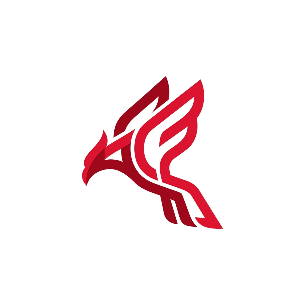 AI Design for A minimalist, modern vector logo featuring a stylized red phoenix in a dynamic downward-left flight posture. The design uses clean, bold lines and a vibrant crimson color palette, set against a pristine white background with balanced negative space and professional geometric symmetry.