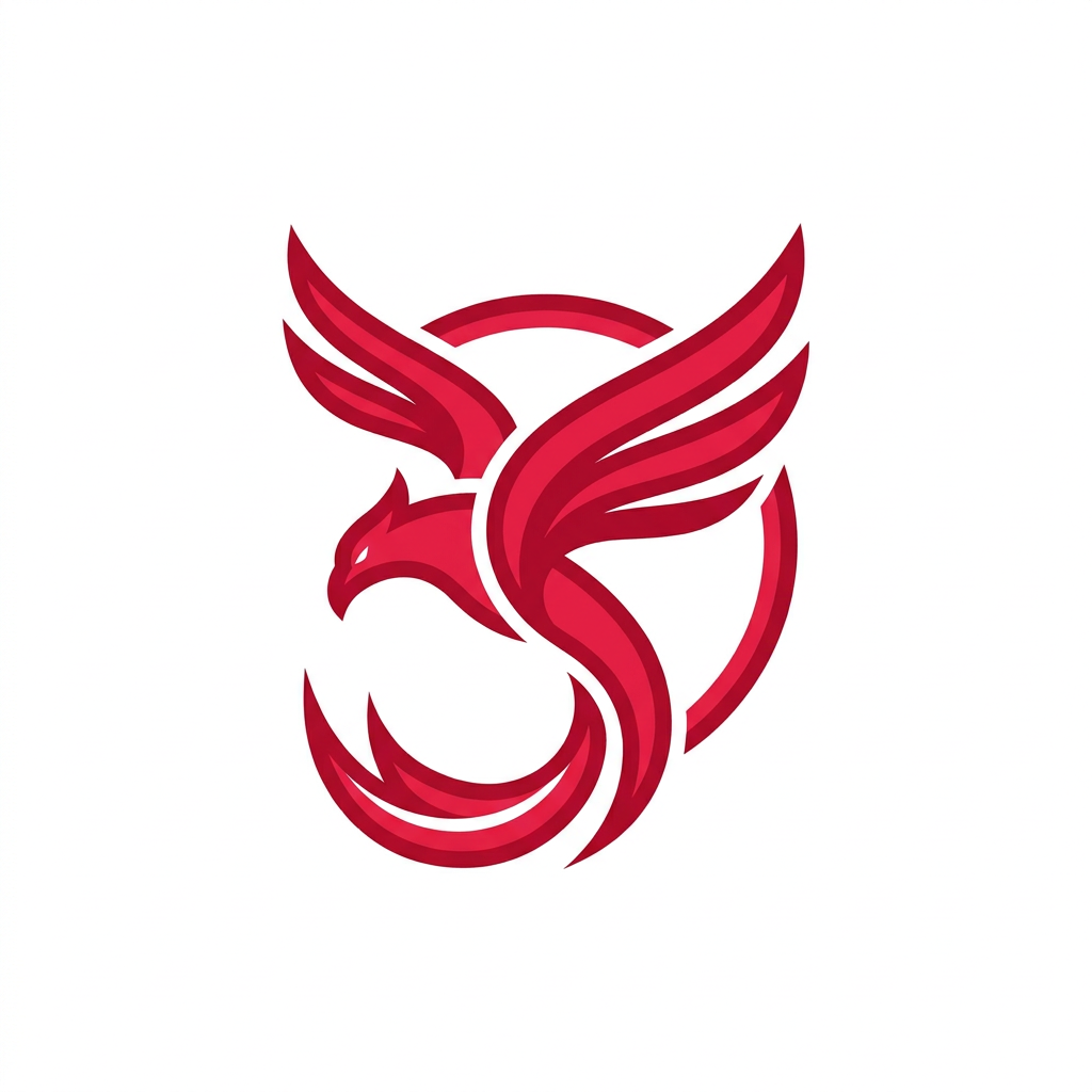 AI Design for A minimalist, modern vector logo featuring a stylized red phoenix in a dynamic downward-left flight posture. The design uses clean, bold lines and a vibrant crimson color palette, set against a pristine white background with balanced negative space and professional geometric symmetry.