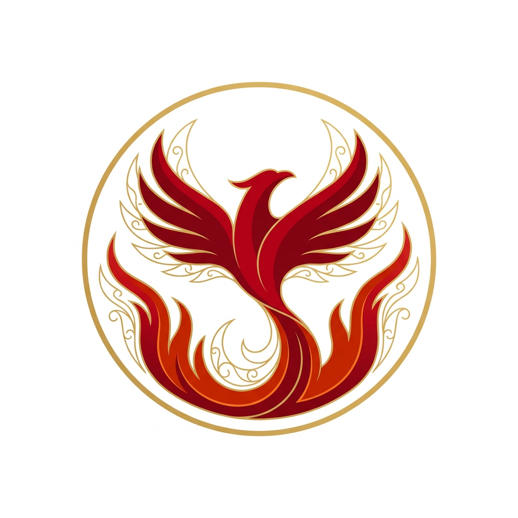 AI Design for A sophisticated and intricate logo design featuring a stylized, majestic phoenix rising from stylized flames. The design utilizes a bold crimson and deep scarlet color palette, with elegant gold filigree accents, minimalist vector style, high contrast, clean lines, and a solid white background for maximum professional impact.make it a bit more simpler