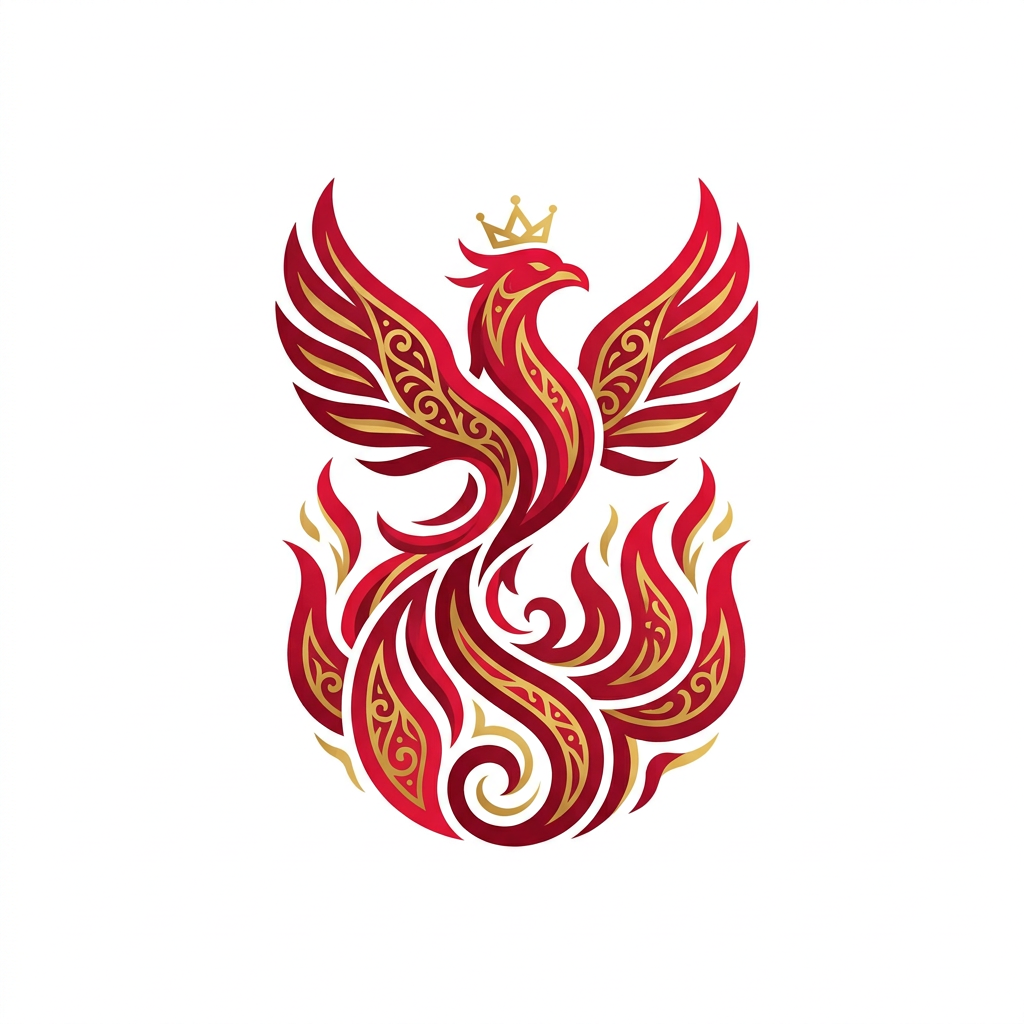 AI Design for A sophisticated and intricate logo design featuring a stylized, majestic phoenix rising from stylized flames. The design utilizes a bold crimson and deep scarlet color palette, with elegant gold filigree accents, minimalist vector style, high contrast, clean lines, and a solid white background for maximum professional impact.