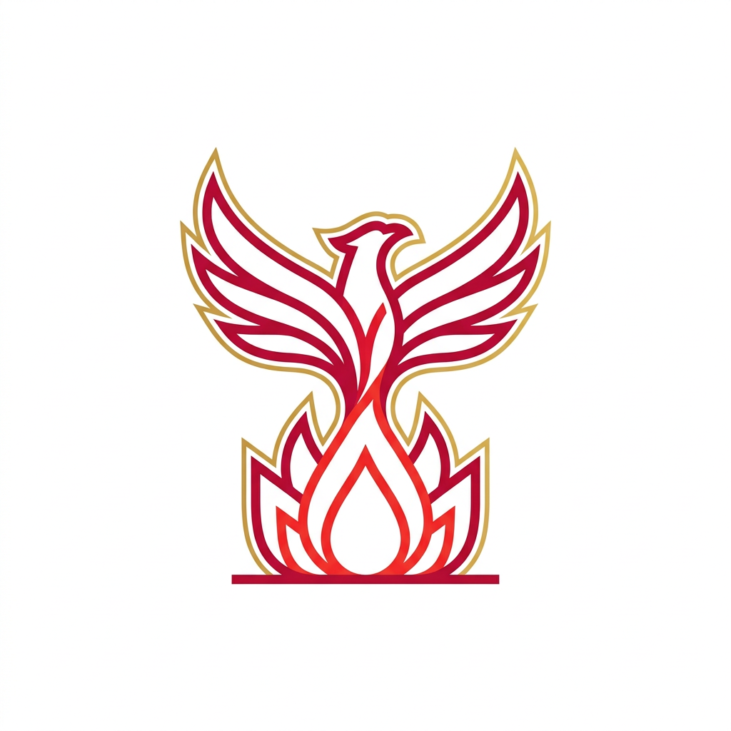 AI Design for A sophisticated and intricate logo design featuring a stylized, majestic phoenix rising from stylized flames. The design utilizes a bold crimson and deep scarlet color palette, with elegant gold filigree accents, minimalist vector style, high contrast, clean lines, and a solid white background for maximum professional impact.make it a bit more simpler