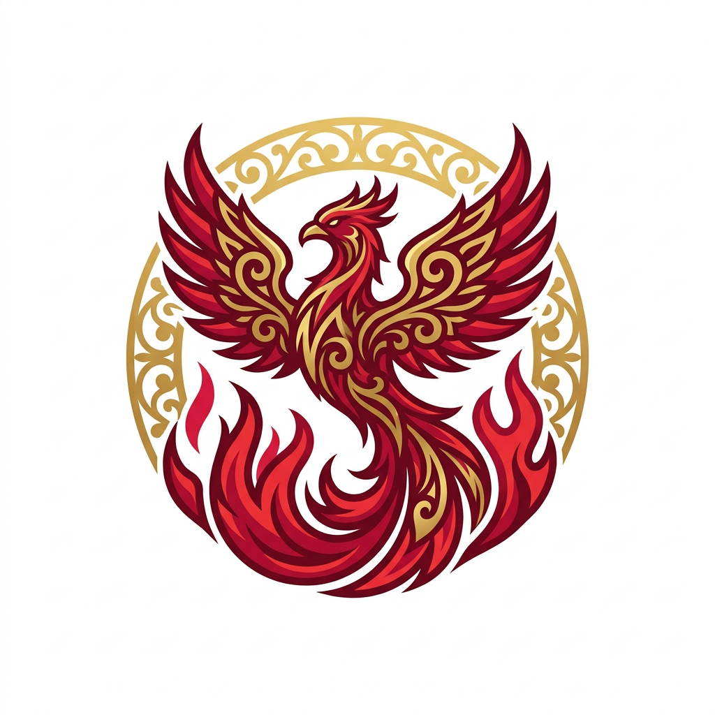AI Design for A sophisticated and intricate logo design featuring a stylized, majestic phoenix rising from stylized flames. The design utilizes a bold crimson and deep scarlet color palette, with elegant gold filigree accents, minimalist vector style, high contrast, clean lines, and a solid white background for maximum professional impact.