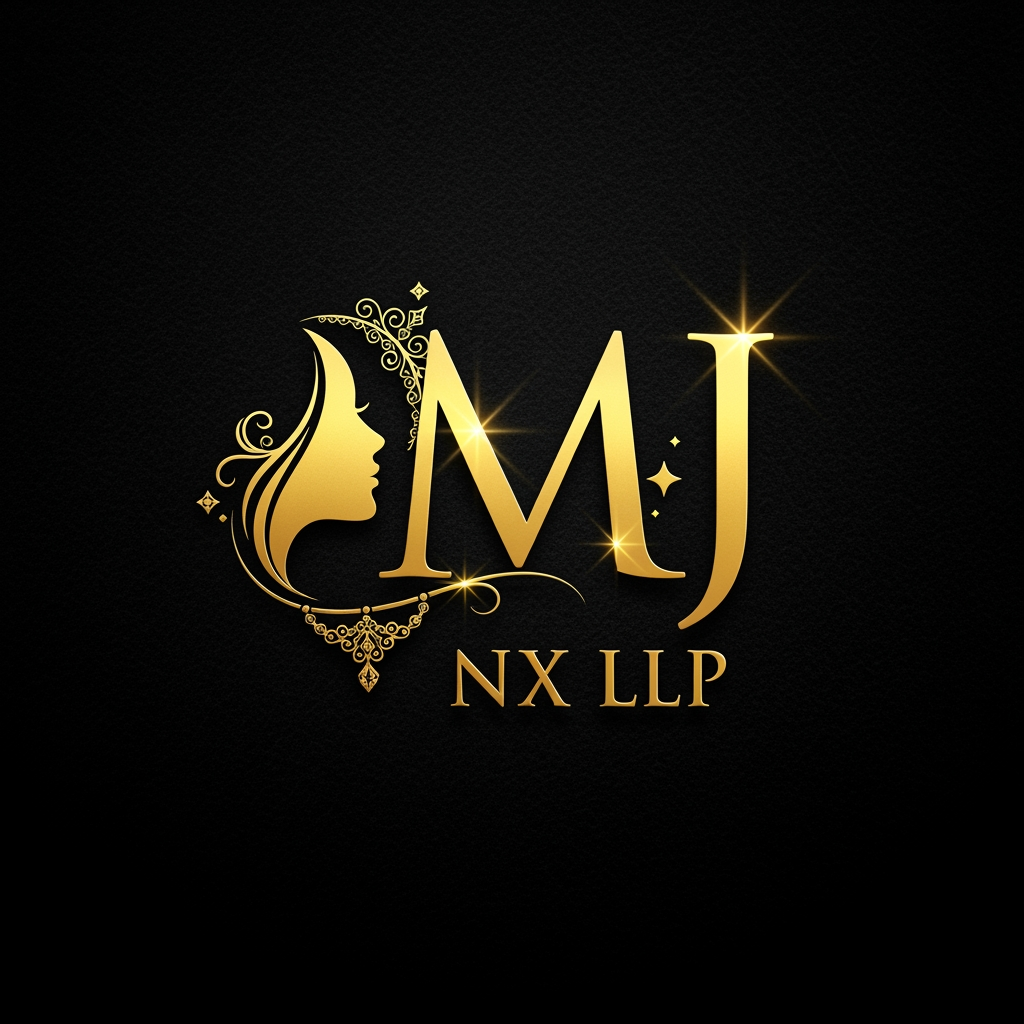 AI Design for the logo should only consist of the insitials i.e mj and dont let the initials clash or merge . and then below but NX LLP . IT SHOULD B EGOLDEN N CREATIVE . ADD ELEMENTS LIKE A SIDE FACE OF A WOMAN AND JEWELLERY ELEMANTS
