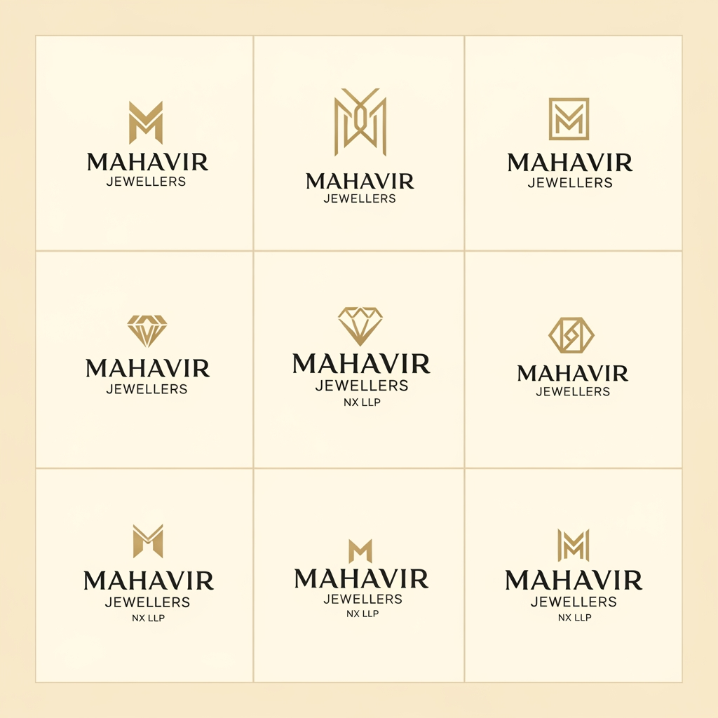 AI Design for Design a world-class luxury logo presentation board for an Indian high-jewellery house named:

MAHAVIR JEWELLERS NX LLP

Create 6 completely different premium logo concepts displayed in a clean 3×2 presentation layout on a warm ivory background.

OVERALL STYLE

Ultra-luxury jewellery maison aesthetic.

Inspired by the confidence, craftsmanship, elegance, typography, and heritage of elite jewellery and luxury houses.

Expensive, exclusive, timeless, iconic, memorable.

Flat vector artwork only.

Matte metallic gold color.

Warm ivory background.

No gradients.

No shadows.

No bevels.

No embossing.

No mockups.

No 3D effects.

No photographic elements.

Strong negative space.

Museum-quality luxury branding presentation.

CRITICAL MONOGRAM REQUIREMENTS

The letters M and J must be the hero element in all 6 concepts.

The M and J must sit extremely close together with a very narrow gap.

The letters must NEVER:

* overlap
* merge
* intertwine
* touch
* collide
* clash
* share strokes
* combine into one shape

Both letters must remain instantly recognizable.

The area between the M and J must remain clean and uncluttered.

No symbols, ornaments, diamonds, sparkles, stars, gemstones, crowns, dots, decorative elements, or graphics between the initials.

M should feel:

* bold
* architectural
* powerful
* timeless
* prestigious

J should feel:

* elegant
* refined
* balanced
* luxurious

Use thick luxury serif letterforms.

Strong visual weight.

Premium presence.

Perfect spacing and optical balance.

TYPOGRAPHY

MAHAVIR

Custom luxury serif typography.

Editorial high-fashion aesthetic.

Thick sophisticated letterforms.

Not Times New Roman.

Comparable to elite luxury fashion and jewellery branding.

Strong kerning.

Perfect optical balance.

JEWELLERS NX LLP

Placed below MAHAVIR.

Smaller size.

Widely spaced capitals.

Refined luxury typography.

STRICTLY AVOID

No sparkles.

No stars.

No diamonds.

No gemstone icons.

No dots.

No hyphens.

No decorative symbols.

No crowns.

No rings.

No necklaces.

No peacocks.

No temples.

No faces integrated into the initials.

No silhouettes integrated into the initials.

No waves.

No swooshes.

No ornaments between M and J.

Nothing interrupting the space between the initials.

CONCEPT 1 — HERITAGE LUXURY SERIF

Classic high-jewellery house aesthetic.

Bold serif MJ monogram.

Timeless European luxury influence.

Strong symmetry.

Prestigious and authoritative.

CONCEPT 2 — ARCHITECTURAL MJ

Monumental luxury serif construction.

Structured geometry.

Powerful vertical proportions.

Sophisticated luxury presence.

CONCEPT 3 — ART DECO MJ

Elegant Art Deco influence.

Geometric refinement.

Vertical luxury composition.

Fashion-house sophistication.

CONCEPT 4 — ULTRA-MINIMAL MJ

Most refined concept.

Closest to iconic luxury branding.

Bold serif initials.

Very tight spacing between M and J.

Quiet confidence.

Timeless and expensive.

CONCEPT 5 — COUTURE FEMININE MJ

MJ remains dominant.

Very subtle abstract feminine profile positioned outside the monogram.

Minimal and elegant.

Fashion-house inspired.

No illustration details.

No facial realism.

Monogram remains the primary focus.

CONCEPT 6 — SIGNATURE JEWELLERY HOUSE MJ

MJ monogram with a refined luxury frame or cartouche.

No diamonds.

No jewellery icons.

No decorative clutter.

Exclusive flagship luxury maison aesthetic.

FINAL PRESENTATION

Six unique logo concepts.

3×2 luxury presentation grid.

Large centered monograms.

Generous negative space.

Perfect alignment.

Perfect symmetry.

Premium branding showcase.

Luxury creative-director quality.

Award-winning identity design.

Vector logo design sheet suitable for jewellery boxes, hallmark stamps, certificates, shopping bags, storefront signage, packaging, and global luxury branding.