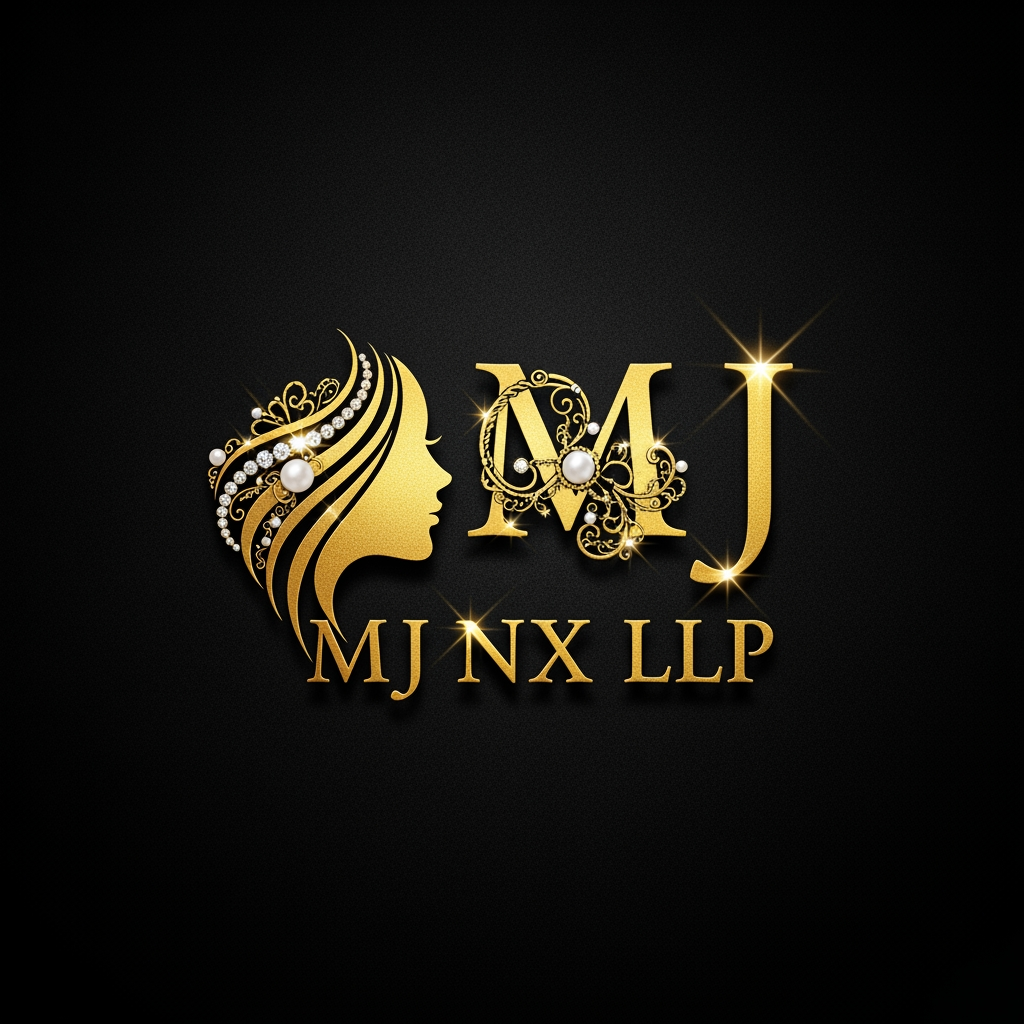 AI Design for the logo should only consist of the insitials i.e mj and dont let the initials clash or merge . and then below but NX LLP . IT SHOULD B EGOLDEN N CREATIVE . ADD ELEMENTS LIKE A SIDE FACE OF A WOMAN AND JEWELLERY ELEMANTS