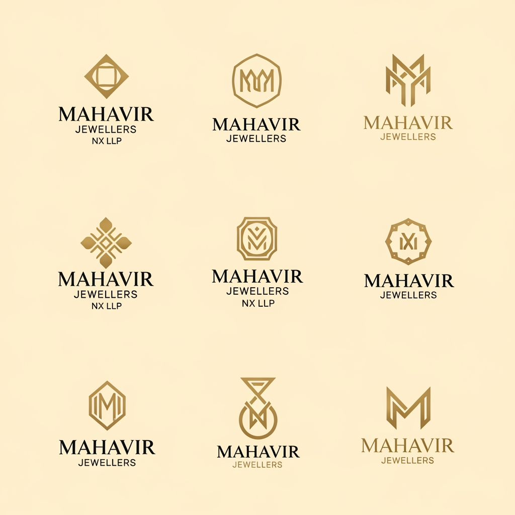 AI Design for Design a world-class luxury logo presentation board for an Indian high-jewellery house named:

MAHAVIR JEWELLERS NX LLP

Create 6 completely different premium logo concepts displayed in a clean 3×2 presentation layout on a warm ivory background.

OVERALL STYLE

Ultra-luxury jewellery maison aesthetic.

Inspired by the confidence, craftsmanship, elegance, typography, and heritage of elite jewellery and luxury houses.

Expensive, exclusive, timeless, iconic, memorable.

Flat vector artwork only.

Matte metallic gold color.

Warm ivory background.

No gradients.

No shadows.

No bevels.

No embossing.

No mockups.

No 3D effects.

No photographic elements.

Strong negative space.

Museum-quality luxury branding presentation.

CRITICAL MONOGRAM REQUIREMENTS

The letters M and J must be the hero element in all 6 concepts.

The M and J must sit extremely close together with a very narrow gap.

The letters must NEVER:

* overlap
* merge
* intertwine
* touch
* collide
* clash
* share strokes
* combine into one shape

Both letters must remain instantly recognizable.

The area between the M and J must remain clean and uncluttered.

No symbols, ornaments, diamonds, sparkles, stars, gemstones, crowns, dots, decorative elements, or graphics between the initials.

M should feel:

* bold
* architectural
* powerful
* timeless
* prestigious

J should feel:

* elegant
* refined
* balanced
* luxurious

Use thick luxury serif letterforms.

Strong visual weight.

Premium presence.

Perfect spacing and optical balance.

TYPOGRAPHY

MAHAVIR

Custom luxury serif typography.

Editorial high-fashion aesthetic.

Thick sophisticated letterforms.

Not Times New Roman.

Comparable to elite luxury fashion and jewellery branding.

Strong kerning.

Perfect optical balance.

JEWELLERS NX LLP

Placed below MAHAVIR.

Smaller size.

Widely spaced capitals.

Refined luxury typography.

STRICTLY AVOID

No sparkles.

No stars.

No diamonds.

No gemstone icons.

No dots.

No hyphens.

No decorative symbols.

No crowns.

No rings.

No necklaces.

No peacocks.

No temples.

No faces integrated into the initials.

No silhouettes integrated into the initials.

No waves.

No swooshes.

No ornaments between M and J.

Nothing interrupting the space between the initials.

CONCEPT 1 — HERITAGE LUXURY SERIF

Classic high-jewellery house aesthetic.

Bold serif MJ monogram.

Timeless European luxury influence.

Strong symmetry.

Prestigious and authoritative.

CONCEPT 2 — ARCHITECTURAL MJ

Monumental luxury serif construction.

Structured geometry.

Powerful vertical proportions.

Sophisticated luxury presence.

CONCEPT 3 — ART DECO MJ

Elegant Art Deco influence.

Geometric refinement.

Vertical luxury composition.

Fashion-house sophistication.

CONCEPT 4 — ULTRA-MINIMAL MJ

Most refined concept.

Closest to iconic luxury branding.

Bold serif initials.

Very tight spacing between M and J.

Quiet confidence.

Timeless and expensive.

CONCEPT 5 — COUTURE FEMININE MJ

MJ remains dominant.

Very subtle abstract feminine profile positioned outside the monogram.

Minimal and elegant.

Fashion-house inspired.

No illustration details.

No facial realism.

Monogram remains the primary focus.

CONCEPT 6 — SIGNATURE JEWELLERY HOUSE MJ

MJ monogram with a refined luxury frame or cartouche.

No diamonds.

No jewellery icons.

No decorative clutter.

Exclusive flagship luxury maison aesthetic.

FINAL PRESENTATION

Six unique logo concepts.

3×2 luxury presentation grid.

Large centered monograms.

Generous negative space.

Perfect alignment.

Perfect symmetry.

Premium branding showcase.

Luxury creative-director quality.

Award-winning identity design.

Vector logo design sheet suitable for jewellery boxes, hallmark stamps, certificates, shopping bags, storefront signage, packaging, and global luxury branding.