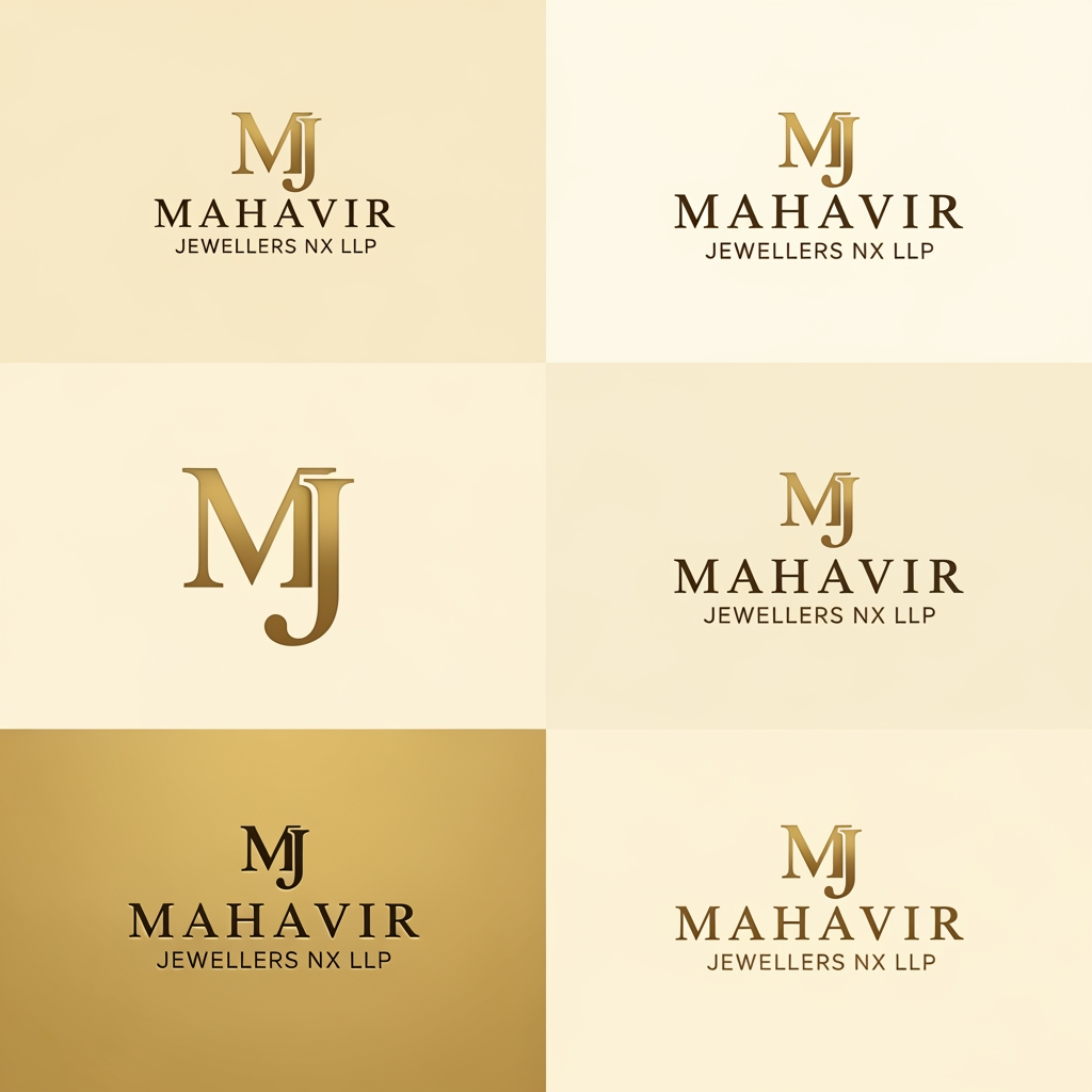 AI Design for Design a world-class luxury logo presentation board for an Indian high-jewellery house named:

MAHAVIR JEWELLERS NX LLP

Create 6 completely different premium logo concepts displayed in a clean 3×2 presentation layout on a warm ivory background.

OVERALL STYLE

Ultra-luxury jewellery maison aesthetic.

Inspired by the confidence, craftsmanship, elegance, typography, and heritage of elite jewellery and luxury houses.

Expensive, exclusive, timeless, iconic, memorable.

Flat vector artwork only.

Matte metallic gold color.

Warm ivory background.

No gradients.

No shadows.

No bevels.

No embossing.

No mockups.

No 3D effects.

No photographic elements.

Strong negative space.

Museum-quality luxury branding presentation.

CRITICAL MONOGRAM REQUIREMENTS

The letters M and J must be the hero element in all 6 concepts.

The M and J must sit extremely close together with a very narrow gap.

The letters must NEVER:

* overlap
* merge
* intertwine
* touch
* collide
* clash
* share strokes
* combine into one shape

Both letters must remain instantly recognizable.

The area between the M and J must remain clean and uncluttered.

No symbols, ornaments, diamonds, sparkles, stars, gemstones, crowns, dots, decorative elements, or graphics between the initials.

M should feel:

* bold
* architectural
* powerful
* timeless
* prestigious

J should feel:

* elegant
* refined
* balanced
* luxurious

Use thick luxury serif letterforms.

Strong visual weight.

Premium presence.

Perfect spacing and optical balance.

TYPOGRAPHY

MAHAVIR

Custom luxury serif typography.

Editorial high-fashion aesthetic.

Thick sophisticated letterforms.

Not Times New Roman.

Comparable to elite luxury fashion and jewellery branding.

Strong kerning.

Perfect optical balance.

JEWELLERS NX LLP

Placed below MAHAVIR.

Smaller size.

Widely spaced capitals.

Refined luxury typography.

STRICTLY AVOID

No sparkles.

No stars.

No diamonds.

No gemstone icons.

No dots.

No hyphens.

No decorative symbols.

No crowns.

No rings.

No necklaces.

No peacocks.

No temples.

No faces integrated into the initials.

No silhouettes integrated into the initials.

No waves.

No swooshes.

No ornaments between M and J.

Nothing interrupting the space between the initials.

CONCEPT 1 — HERITAGE LUXURY SERIF

Classic high-jewellery house aesthetic.

Bold serif MJ monogram.

Timeless European luxury influence.

Strong symmetry.

Prestigious and authoritative.

CONCEPT 2 — ARCHITECTURAL MJ

Monumental luxury serif construction.

Structured geometry.

Powerful vertical proportions.

Sophisticated luxury presence.

CONCEPT 3 — ART DECO MJ

Elegant Art Deco influence.

Geometric refinement.

Vertical luxury composition.

Fashion-house sophistication.

CONCEPT 4 — ULTRA-MINIMAL MJ

Most refined concept.

Closest to iconic luxury branding.

Bold serif initials.

Very tight spacing between M and J.

Quiet confidence.

Timeless and expensive.

CONCEPT 5 — COUTURE FEMININE MJ

MJ remains dominant.

Very subtle abstract feminine profile positioned outside the monogram.

Minimal and elegant.

Fashion-house inspired.

No illustration details.

No facial realism.

Monogram remains the primary focus.

CONCEPT 6 — SIGNATURE JEWELLERY HOUSE MJ

MJ monogram with a refined luxury frame or cartouche.

No diamonds.

No jewellery icons.

No decorative clutter.

Exclusive flagship luxury maison aesthetic.

FINAL PRESENTATION

Six unique logo concepts.

3×2 luxury presentation grid.

Large centered monograms.

Generous negative space.

Perfect alignment.

Perfect symmetry.

Premium branding showcase.

Luxury creative-director quality.

Award-winning identity design.

Vector logo design sheet suitable for jewellery boxes, hallmark stamps, certificates, shopping bags, storefront signage, packaging, and global luxury branding.