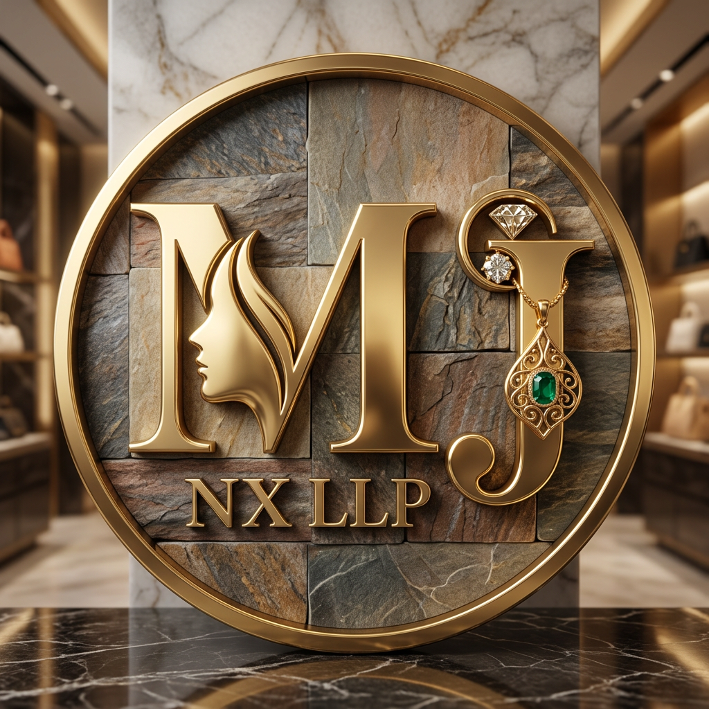 AI Design for the logo should only consist of the insitials i.e mj and dont let the initials clash or merge . and then below but NX LLP . IT SHOULD B EGOLDEN N CREATIVE . ADD ELEMENTS LIKE A SIDE FACE OF A WOMAN AND JEWELLERY ELEMANTS WITHIN THE LOGO. TAKE THIS FOR REF N GENERATE THE NEICEST IMAGE PLZZZ