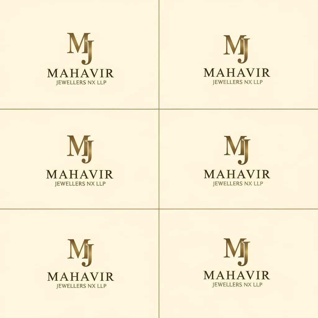 AI Design for Design a world-class luxury logo presentation board for an Indian high-jewellery house named:

MAHAVIR JEWELLERS NX LLP

Create 6 completely different premium logo concepts displayed in a clean 3×2 presentation layout on a warm ivory background.

OVERALL STYLE

Ultra-luxury jewellery maison aesthetic.

Inspired by the confidence, craftsmanship, elegance, typography, and heritage of elite jewellery and luxury houses.

Expensive, exclusive, timeless, iconic, memorable.

Flat vector artwork only.

Matte metallic gold color.

Warm ivory background.

No gradients.

No shadows.

No bevels.

No embossing.

No mockups.

No 3D effects.

No photographic elements.

Strong negative space.

Museum-quality luxury branding presentation.

CRITICAL MONOGRAM REQUIREMENTS

The letters M and J must be the hero element in all 6 concepts.

The M and J must sit extremely close together with a very narrow gap.

The letters must NEVER:

* overlap
* merge
* intertwine
* touch
* collide
* clash
* share strokes
* combine into one shape

Both letters must remain instantly recognizable.

The area between the M and J must remain clean and uncluttered.

No symbols, ornaments, diamonds, sparkles, stars, gemstones, crowns, dots, decorative elements, or graphics between the initials.

M should feel:

* bold
* architectural
* powerful
* timeless
* prestigious

J should feel:

* elegant
* refined
* balanced
* luxurious

Use thick luxury serif letterforms.

Strong visual weight.

Premium presence.

Perfect spacing and optical balance.

TYPOGRAPHY

MAHAVIR

Custom luxury serif typography.

Editorial high-fashion aesthetic.

Thick sophisticated letterforms.

Not Times New Roman.

Comparable to elite luxury fashion and jewellery branding.

Strong kerning.

Perfect optical balance.

JEWELLERS NX LLP

Placed below MAHAVIR.

Smaller size.

Widely spaced capitals.

Refined luxury typography.

STRICTLY AVOID

No sparkles.

No stars.

No diamonds.

No gemstone icons.

No dots.

No hyphens.

No decorative symbols.

No crowns.

No rings.

No necklaces.

No peacocks.

No temples.

No faces integrated into the initials.

No silhouettes integrated into the initials.

No waves.

No swooshes.

No ornaments between M and J.

Nothing interrupting the space between the initials.

CONCEPT 1 — HERITAGE LUXURY SERIF

Classic high-jewellery house aesthetic.

Bold serif MJ monogram.

Timeless European luxury influence.

Strong symmetry.

Prestigious and authoritative.

CONCEPT 2 — ARCHITECTURAL MJ

Monumental luxury serif construction.

Structured geometry.

Powerful vertical proportions.

Sophisticated luxury presence.

CONCEPT 3 — ART DECO MJ

Elegant Art Deco influence.

Geometric refinement.

Vertical luxury composition.

Fashion-house sophistication.

CONCEPT 4 — ULTRA-MINIMAL MJ

Most refined concept.

Closest to iconic luxury branding.

Bold serif initials.

Very tight spacing between M and J.

Quiet confidence.

Timeless and expensive.

CONCEPT 5 — COUTURE FEMININE MJ

MJ remains dominant.

Very subtle abstract feminine profile positioned outside the monogram.

Minimal and elegant.

Fashion-house inspired.

No illustration details.

No facial realism.

Monogram remains the primary focus.

CONCEPT 6 — SIGNATURE JEWELLERY HOUSE MJ

MJ monogram with a refined luxury frame or cartouche.

No diamonds.

No jewellery icons.

No decorative clutter.

Exclusive flagship luxury maison aesthetic.

FINAL PRESENTATION

Six unique logo concepts.

3×2 luxury presentation grid.

Large centered monograms.

Generous negative space.

Perfect alignment.

Perfect symmetry.

Premium branding showcase.

Luxury creative-director quality.

Award-winning identity design.

Vector logo design sheet suitable for jewellery boxes, hallmark stamps, certificates, shopping bags, storefront signage, packaging, and global luxury branding.