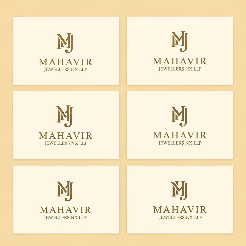 AI Design for Design a world-class luxury logo presentation board for an Indian high-jewellery house named:

MAHAVIR JEWELLERS NX LLP

Create 6 completely different premium logo concepts displayed in a clean 3×2 presentation layout on a warm ivory background.

OVERALL STYLE

Ultra-luxury jewellery maison aesthetic.

Inspired by the confidence, craftsmanship, elegance, typography, and heritage of elite jewellery and luxury houses.

Expensive, exclusive, timeless, iconic, memorable.

Flat vector artwork only.

Matte metallic gold color.

Warm ivory background.

No gradients.

No shadows.

No bevels.

No embossing.

No mockups.

No 3D effects.

No photographic elements.

Strong negative space.

Museum-quality luxury branding presentation.

CRITICAL MONOGRAM REQUIREMENTS

The letters M and J must be the hero element in all 6 concepts.

The M and J must sit extremely close together with a very narrow gap.

The letters must NEVER:

* overlap
* merge
* intertwine
* touch
* collide
* clash
* share strokes
* combine into one shape

Both letters must remain instantly recognizable.

The area between the M and J must remain clean and uncluttered.

No symbols, ornaments, diamonds, sparkles, stars, gemstones, crowns, dots, decorative elements, or graphics between the initials.

M should feel:

* bold
* architectural
* powerful
* timeless
* prestigious

J should feel:

* elegant
* refined
* balanced
* luxurious

Use thick luxury serif letterforms.

Strong visual weight.

Premium presence.

Perfect spacing and optical balance.

TYPOGRAPHY

MAHAVIR

Custom luxury serif typography.

Editorial high-fashion aesthetic.

Thick sophisticated letterforms.

Not Times New Roman.

Comparable to elite luxury fashion and jewellery branding.

Strong kerning.

Perfect optical balance.

JEWELLERS NX LLP

Placed below MAHAVIR.

Smaller size.

Widely spaced capitals.

Refined luxury typography.

STRICTLY AVOID

No sparkles.

No stars.

No diamonds.

No gemstone icons.

No dots.

No hyphens.

No decorative symbols.

No crowns.

No rings.

No necklaces.

No peacocks.

No temples.

No faces integrated into the initials.

No silhouettes integrated into the initials.

No waves.

No swooshes.

No ornaments between M and J.

Nothing interrupting the space between the initials.

CONCEPT 1 — HERITAGE LUXURY SERIF

Classic high-jewellery house aesthetic.

Bold serif MJ monogram.

Timeless European luxury influence.

Strong symmetry.

Prestigious and authoritative.

CONCEPT 2 — ARCHITECTURAL MJ

Monumental luxury serif construction.

Structured geometry.

Powerful vertical proportions.

Sophisticated luxury presence.

CONCEPT 3 — ART DECO MJ

Elegant Art Deco influence.

Geometric refinement.

Vertical luxury composition.

Fashion-house sophistication.

CONCEPT 4 — ULTRA-MINIMAL MJ

Most refined concept.

Closest to iconic luxury branding.

Bold serif initials.

Very tight spacing between M and J.

Quiet confidence.

Timeless and expensive.

CONCEPT 5 — COUTURE FEMININE MJ

MJ remains dominant.

Very subtle abstract feminine profile positioned outside the monogram.

Minimal and elegant.

Fashion-house inspired.

No illustration details.

No facial realism.

Monogram remains the primary focus.

CONCEPT 6 — SIGNATURE JEWELLERY HOUSE MJ

MJ monogram with a refined luxury frame or cartouche.

No diamonds.

No jewellery icons.

No decorative clutter.

Exclusive flagship luxury maison aesthetic.

FINAL PRESENTATION

Six unique logo concepts.

3×2 luxury presentation grid.

Large centered monograms.

Generous negative space.

Perfect alignment.

Perfect symmetry.

Premium branding showcase.

Luxury creative-director quality.

Award-winning identity design.

Vector logo design sheet suitable for jewellery boxes, hallmark stamps, certificates, shopping bags, storefront signage, packaging, and global luxury branding.