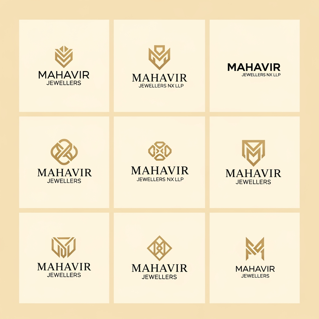 AI Design for Design a world-class luxury logo presentation board for an Indian high-jewellery house named:

MAHAVIR JEWELLERS NX LLP

Create 6 completely different premium logo concepts displayed in a clean 3×2 presentation layout on a warm ivory background.

OVERALL STYLE

Ultra-luxury jewellery maison aesthetic.

Inspired by the confidence, craftsmanship, elegance, typography, and heritage of elite jewellery and luxury houses.

Expensive, exclusive, timeless, iconic, memorable.

Flat vector artwork only.

Matte metallic gold color.

Warm ivory background.

No gradients.

No shadows.

No bevels.

No embossing.

No mockups.

No 3D effects.

No photographic elements.

Strong negative space.

Museum-quality luxury branding presentation.

CRITICAL MONOGRAM REQUIREMENTS

The letters M and J must be the hero element in all 6 concepts.

The M and J must sit extremely close together with a very narrow gap.

The letters must NEVER:

* overlap
* merge
* intertwine
* touch
* collide
* clash
* share strokes
* combine into one shape

Both letters must remain instantly recognizable.

The area between the M and J must remain clean and uncluttered.

No symbols, ornaments, diamonds, sparkles, stars, gemstones, crowns, dots, decorative elements, or graphics between the initials.

M should feel:

* bold
* architectural
* powerful
* timeless
* prestigious

J should feel:

* elegant
* refined
* balanced
* luxurious

Use thick luxury serif letterforms.

Strong visual weight.

Premium presence.

Perfect spacing and optical balance.

TYPOGRAPHY

MAHAVIR

Custom luxury serif typography.

Editorial high-fashion aesthetic.

Thick sophisticated letterforms.

Not Times New Roman.

Comparable to elite luxury fashion and jewellery branding.

Strong kerning.

Perfect optical balance.

JEWELLERS NX LLP

Placed below MAHAVIR.

Smaller size.

Widely spaced capitals.

Refined luxury typography.

STRICTLY AVOID

No sparkles.

No stars.

No diamonds.

No gemstone icons.

No dots.

No hyphens.

No decorative symbols.

No crowns.

No rings.

No necklaces.

No peacocks.

No temples.

No faces integrated into the initials.

No silhouettes integrated into the initials.

No waves.

No swooshes.

No ornaments between M and J.

Nothing interrupting the space between the initials.

CONCEPT 1 — HERITAGE LUXURY SERIF

Classic high-jewellery house aesthetic.

Bold serif MJ monogram.

Timeless European luxury influence.

Strong symmetry.

Prestigious and authoritative.

CONCEPT 2 — ARCHITECTURAL MJ

Monumental luxury serif construction.

Structured geometry.

Powerful vertical proportions.

Sophisticated luxury presence.

CONCEPT 3 — ART DECO MJ

Elegant Art Deco influence.

Geometric refinement.

Vertical luxury composition.

Fashion-house sophistication.

CONCEPT 4 — ULTRA-MINIMAL MJ

Most refined concept.

Closest to iconic luxury branding.

Bold serif initials.

Very tight spacing between M and J.

Quiet confidence.

Timeless and expensive.

CONCEPT 5 — COUTURE FEMININE MJ

MJ remains dominant.

Very subtle abstract feminine profile positioned outside the monogram.

Minimal and elegant.

Fashion-house inspired.

No illustration details.

No facial realism.

Monogram remains the primary focus.

CONCEPT 6 — SIGNATURE JEWELLERY HOUSE MJ

MJ monogram with a refined luxury frame or cartouche.

No diamonds.

No jewellery icons.

No decorative clutter.

Exclusive flagship luxury maison aesthetic.

FINAL PRESENTATION

Six unique logo concepts.

3×2 luxury presentation grid.

Large centered monograms.

Generous negative space.

Perfect alignment.

Perfect symmetry.

Premium branding showcase.

Luxury creative-director quality.

Award-winning identity design.

Vector logo design sheet suitable for jewellery boxes, hallmark stamps, certificates, shopping bags, storefront signage, packaging, and global luxury branding.