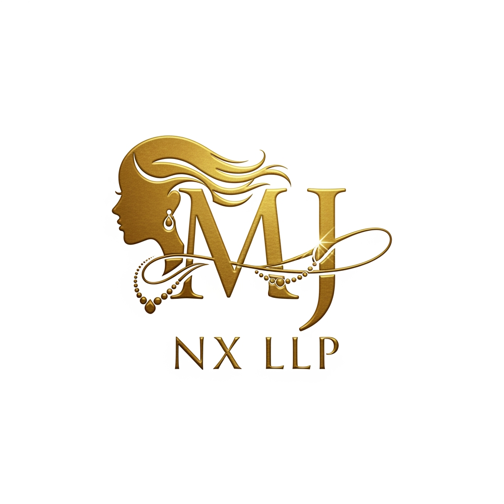 AI Design for the logo should only consist of the insitials i.e mj and dont let the initials clash or merge . and then below but NX LLP . IT SHOULD B EGOLDEN N CREATIVE . ADD ELEMENTS LIKE A SIDE FACE OF A WOMAN AND JEWELLERY ELEMANTS