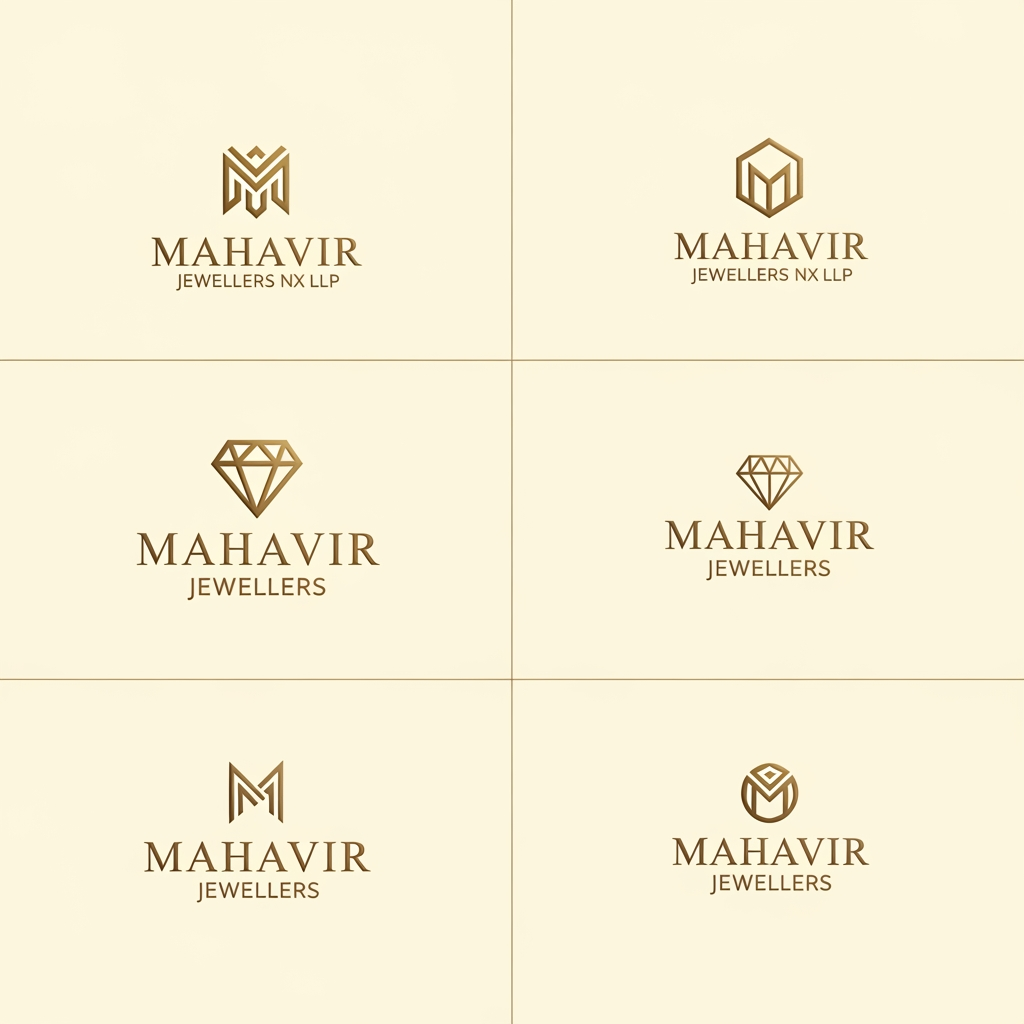 AI Design for Design a world-class luxury logo presentation board for an Indian high-jewellery house named:

MAHAVIR JEWELLERS NX LLP

Create 6 completely different premium logo concepts displayed in a clean 3×2 presentation layout on a warm ivory background.

OVERALL STYLE

Ultra-luxury jewellery maison aesthetic.

Inspired by the confidence, craftsmanship, elegance, typography, and heritage of elite jewellery and luxury houses.

Expensive, exclusive, timeless, iconic, memorable.

Flat vector artwork only.

Matte metallic gold color.

Warm ivory background.

No gradients.

No shadows.

No bevels.

No embossing.

No mockups.

No 3D effects.

No photographic elements.

Strong negative space.

Museum-quality luxury branding presentation.

CRITICAL MONOGRAM REQUIREMENTS

The letters M and J must be the hero element in all 6 concepts.

The M and J must sit extremely close together with a very narrow gap.

The letters must NEVER:

* overlap
* merge
* intertwine
* touch
* collide
* clash
* share strokes
* combine into one shape

Both letters must remain instantly recognizable.

The area between the M and J must remain clean and uncluttered.

No symbols, ornaments, diamonds, sparkles, stars, gemstones, crowns, dots, decorative elements, or graphics between the initials.

M should feel:

* bold
* architectural
* powerful
* timeless
* prestigious

J should feel:

* elegant
* refined
* balanced
* luxurious

Use thick luxury serif letterforms.

Strong visual weight.

Premium presence.

Perfect spacing and optical balance.

TYPOGRAPHY

MAHAVIR

Custom luxury serif typography.

Editorial high-fashion aesthetic.

Thick sophisticated letterforms.

Not Times New Roman.

Comparable to elite luxury fashion and jewellery branding.

Strong kerning.

Perfect optical balance.

JEWELLERS NX LLP

Placed below MAHAVIR.

Smaller size.

Widely spaced capitals.

Refined luxury typography.

STRICTLY AVOID

No sparkles.

No stars.

No diamonds.

No gemstone icons.

No dots.

No hyphens.

No decorative symbols.

No crowns.

No rings.

No necklaces.

No peacocks.

No temples.

No faces integrated into the initials.

No silhouettes integrated into the initials.

No waves.

No swooshes.

No ornaments between M and J.

Nothing interrupting the space between the initials.

CONCEPT 1 — HERITAGE LUXURY SERIF

Classic high-jewellery house aesthetic.

Bold serif MJ monogram.

Timeless European luxury influence.

Strong symmetry.

Prestigious and authoritative.

CONCEPT 2 — ARCHITECTURAL MJ

Monumental luxury serif construction.

Structured geometry.

Powerful vertical proportions.

Sophisticated luxury presence.

CONCEPT 3 — ART DECO MJ

Elegant Art Deco influence.

Geometric refinement.

Vertical luxury composition.

Fashion-house sophistication.

CONCEPT 4 — ULTRA-MINIMAL MJ

Most refined concept.

Closest to iconic luxury branding.

Bold serif initials.

Very tight spacing between M and J.

Quiet confidence.

Timeless and expensive.

CONCEPT 5 — COUTURE FEMININE MJ

MJ remains dominant.

Very subtle abstract feminine profile positioned outside the monogram.

Minimal and elegant.

Fashion-house inspired.

No illustration details.

No facial realism.

Monogram remains the primary focus.

CONCEPT 6 — SIGNATURE JEWELLERY HOUSE MJ

MJ monogram with a refined luxury frame or cartouche.

No diamonds.

No jewellery icons.

No decorative clutter.

Exclusive flagship luxury maison aesthetic.

FINAL PRESENTATION

Six unique logo concepts.

3×2 luxury presentation grid.

Large centered monograms.

Generous negative space.

Perfect alignment.

Perfect symmetry.

Premium branding showcase.

Luxury creative-director quality.

Award-winning identity design.

Vector logo design sheet suitable for jewellery boxes, hallmark stamps, certificates, shopping bags, storefront signage, packaging, and global luxury branding.