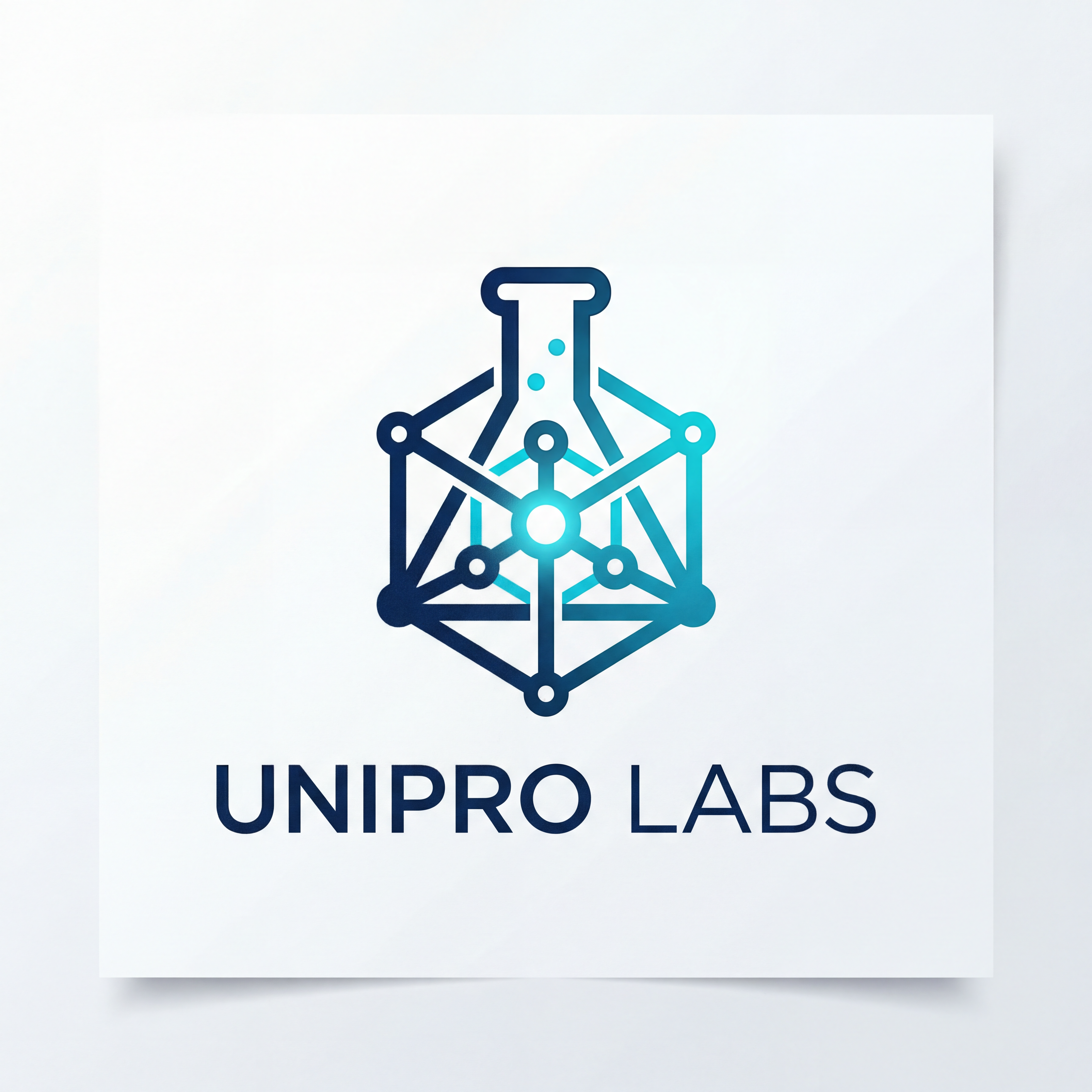 AI Design for A professional, minimalist logo design for UNIPRO LABS, featuring a clean geometric icon that symbolizes scientific innovation and connectivity. The design utilizes a modern sans-serif typography, a sophisticated color palette of deep navy blue and vibrant cyan, and is presented on a crisp white background with subtle studio lighting to emphasize a premium, high-tech aesthetic.