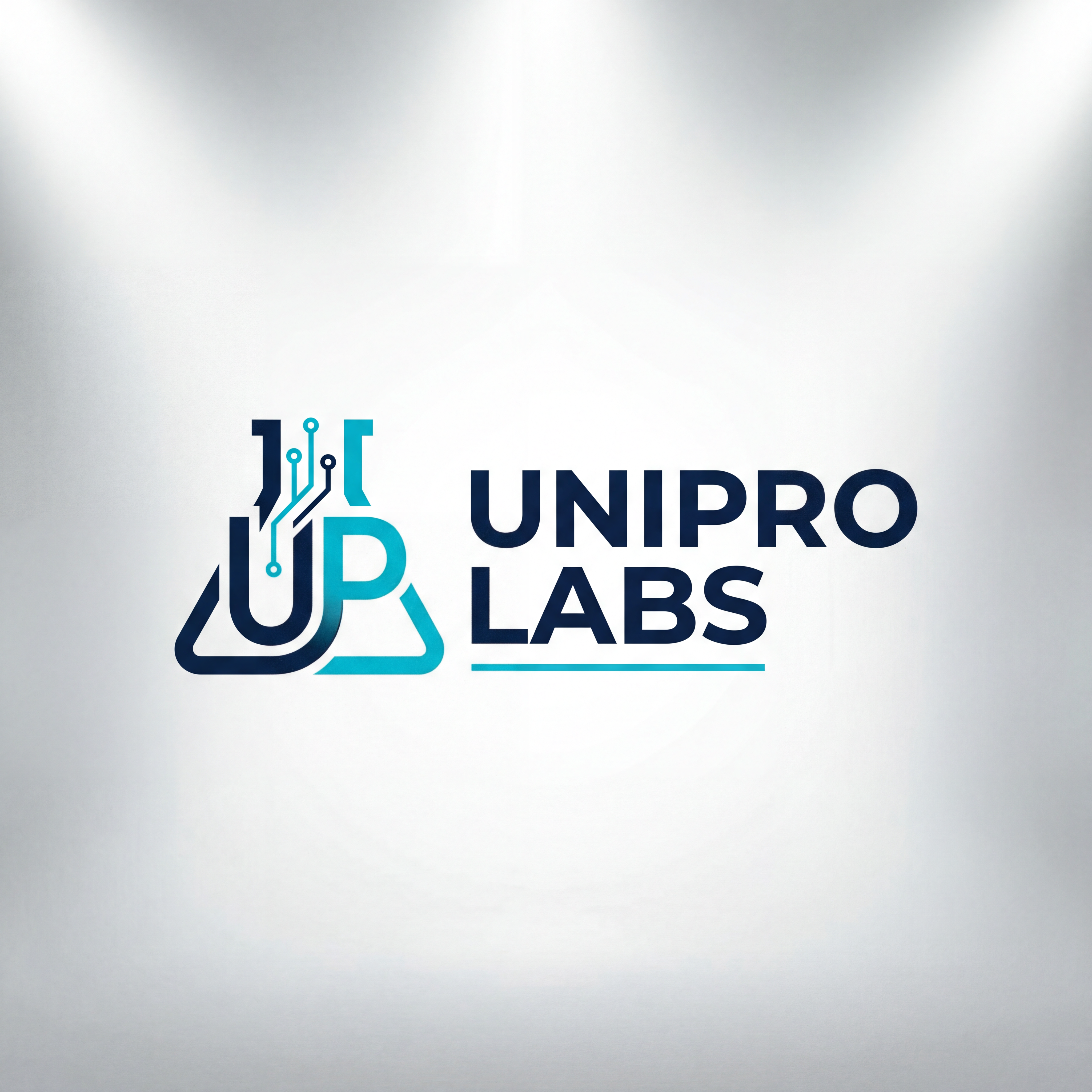 AI Design for A professional, minimalist logo design for UNIPRO LABS, featuring a clean geometric icon that symbolizes scientific innovation and connectivity. The design utilizes a modern sans-serif typography, a sophisticated color palette of deep navy blue and vibrant cyan, and is presented on a crisp white background with subtle studio lighting to emphasize a premium, high-tech aesthetic.