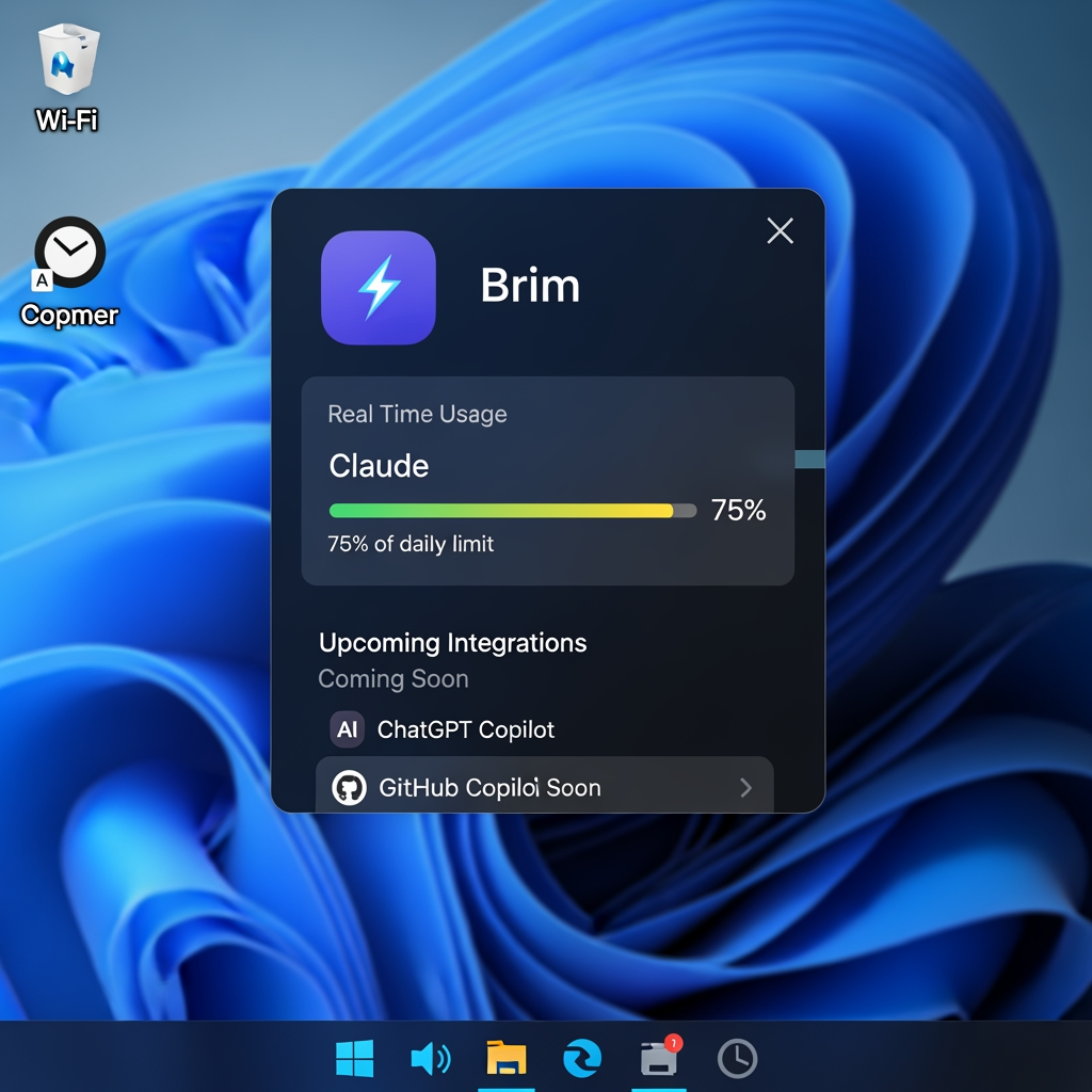 AI Design for Brim is a lightweight Windows tray app that shows your AI coding tool usage limits — Claude, and more soon — in real time, so you never hit the wall mid-session.