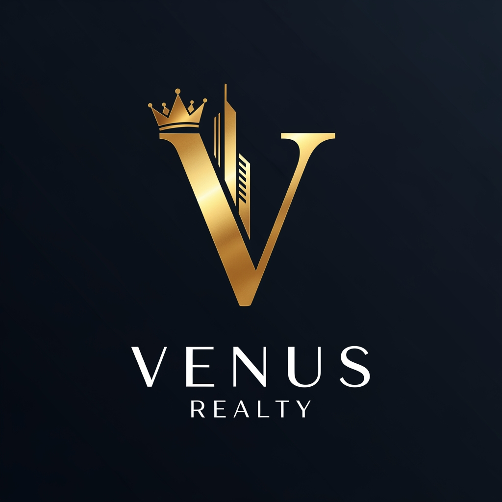 AI Design for Create a high-end logo for "Venus Realty" with a royal and luxurious aesthetic. Incorporate a golden crown subtly merged with the letter "V" and modern architectural elements. Use white and shiny metallic gold colors. Minimal yet premium, suitable for a luxury real estate brand.
