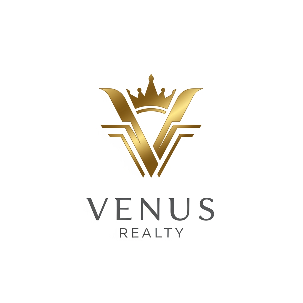 AI Design for Create a high-end logo for "Venus Realty" with a royal and luxurious aesthetic. Incorporate a golden crown subtly merged with the letter "V" and modern architectural elements. Use white and shiny metallic gold colors. Minimal yet premium, suitable for a luxury real estate brand.