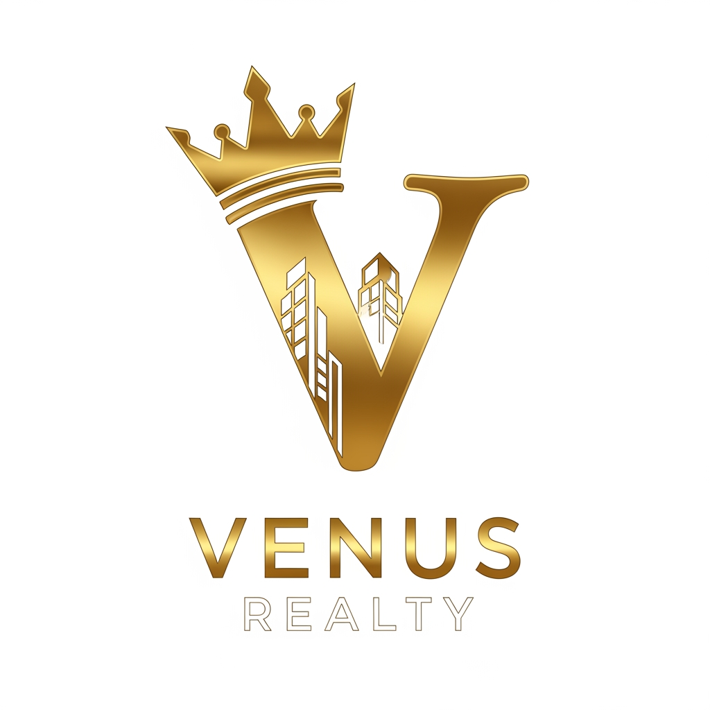 AI Design for Create a high-end logo for "Venus Realty" with a royal and luxurious aesthetic. Incorporate a golden crown subtly merged with the letter "V" and modern architectural elements. Use white and shiny metallic gold colors. Minimal yet premium, suitable for a luxury real estate brand.