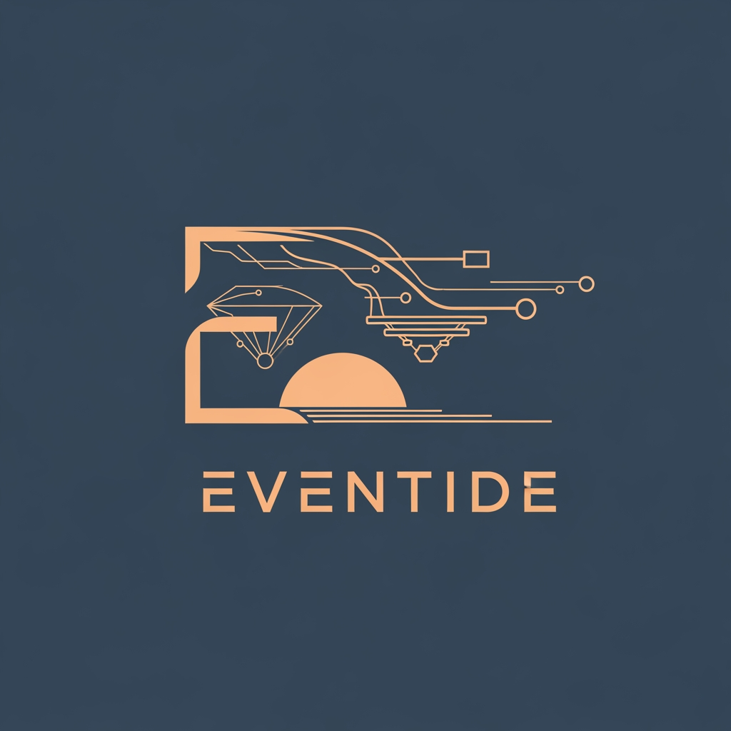 AI Design for A minimalist, two-color logo for the brand "Eventide," blending the sleek sophistication of Claude with the abstract, gravity-defying essence of advanced AI concepts, rendered in a modern, clean graphic design style.