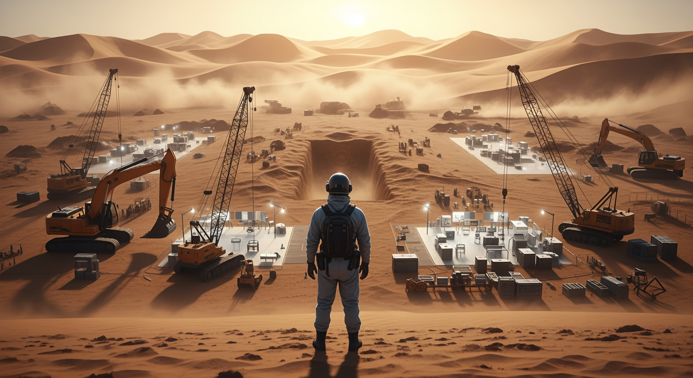 AI Design for A lone researcher stands on the edge of the camp, seen from the front. in protective clothing and helmet, A cinematic sci-fi scene in a vast desert archaeological research camp. A lone researcher stands on the edge of the camp, seen from the front, in protective clothing and helmet, observing the distant excavation site. In front of him, large excavators, research cranes, scientific instruments and illuminated work areas can be seen in the sand. The researcher looks motionless at the vast excavation site, where an ancient, unknown secret is hidden deep in the sand. In the background, endless desert dunes, orange sunlight, slowly moving dust clouds and a light wind. The camera slowly approaches from behind the researcher, while the small human figure contrasts with the vast desert landscape. Mysterious, tense sci-fi atmosphere, cinematic composition,