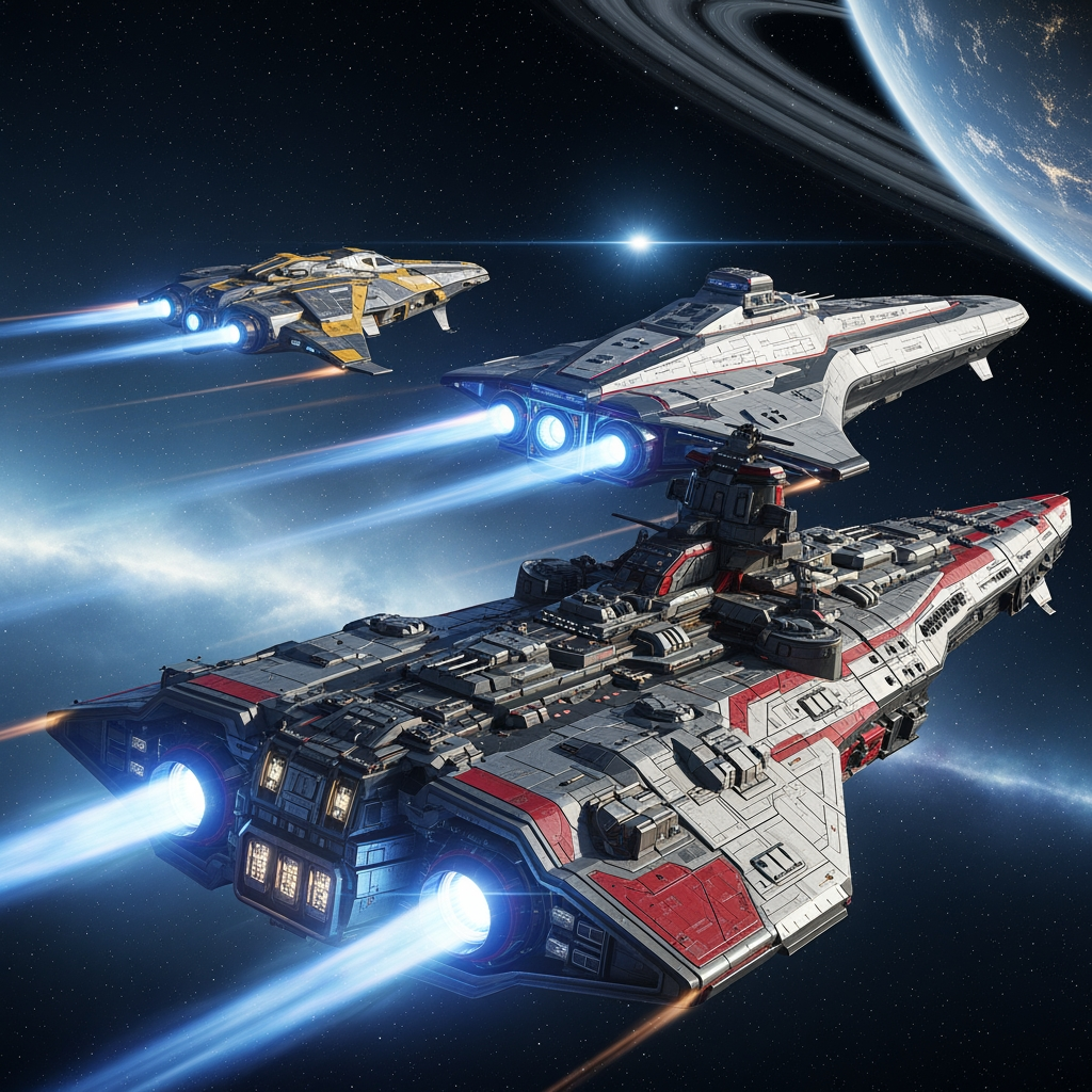 AI Design for Three highly detailed sci-fi spaceships of different sizes and distinct designs travel together through deep space. One is a large, heavily armored battleship, another is a sleek medium-sized cruiser, and the third is a smaller, fast futuristic scout ship. Each vessel has its own unique shape and technological style.

The spaceships feature brighter, contrasting colors that stand out from the dark background, with white, silver, red, and gold accents. Their engines are visibly active, producing glowing blue-white exhaust plumes and subtle plasma trails, conveying power and motion.

In the background, distant stars, faint nebulae, and a partially illuminated planet are visible. The scene has a cinematic and adventurous atmosphere rather than a dark one, with balanced lighting, subtle cyberpunk elements, and a strong sense of depth.

Style: ultra-detailed, cinematic sci-fi, subtle cyberpunk aesthetic, realistic lighting, vibrant colors, high contrast, volumetric lighting, 8K, wide-angle shot, epic scale, sense of motion.