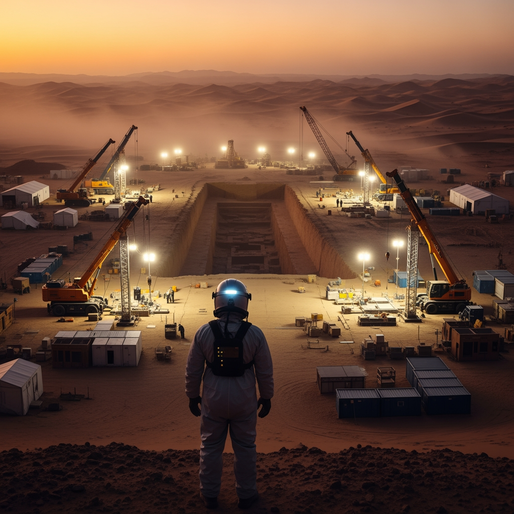 AI Design for Cinematic science fiction scene inside a massive desert archaeological research camp. A lone researcher stands at the edge of the camp, seen from behind, wearing a protective suit and helmet, looking toward the distant excavation site. In front of him are large excavation machines, research cranes, scientific equipment and illuminated work areas. The researcher silently watches the enormous excavation zone where an ancient unknown secret lies buried beneath the sand. Endless desert dunes stretch into the background, with orange sunset light, drifting dust clouds and a gentle desert wind.