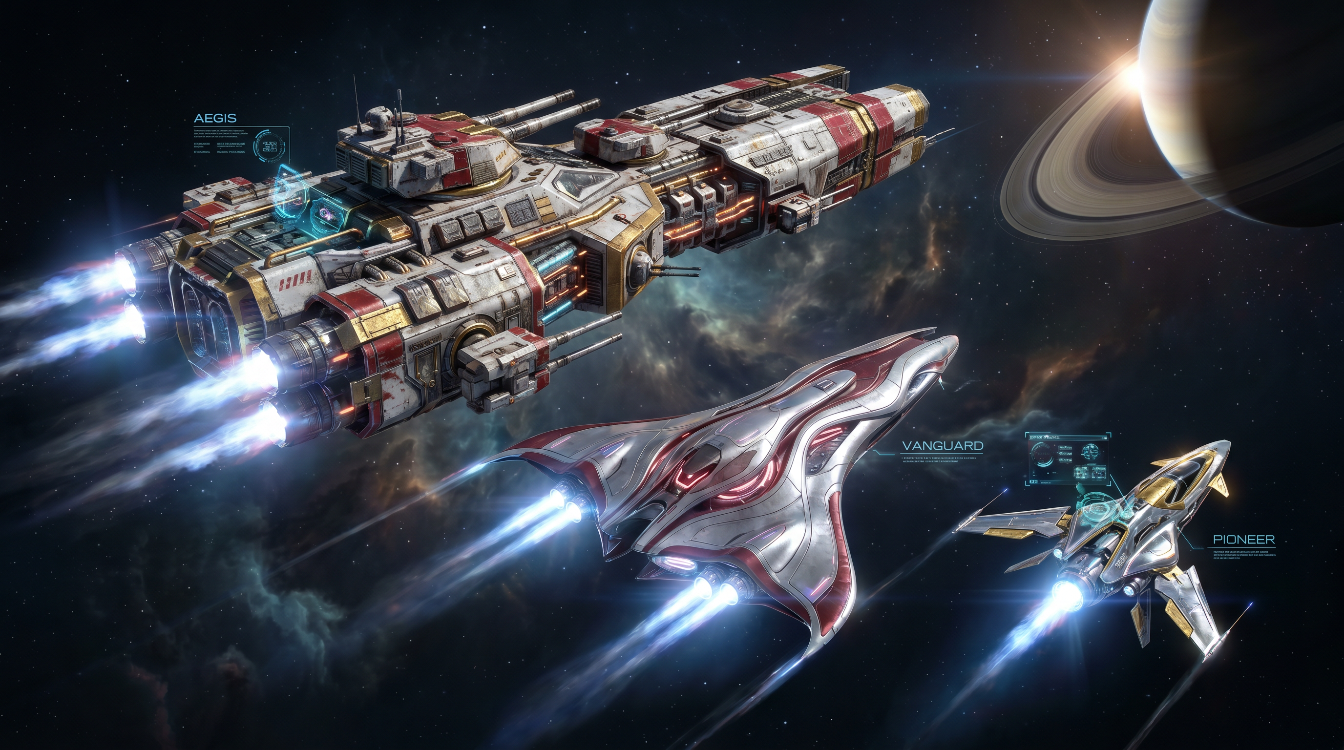 AI Design for Three highly detailed sci-fi spaceships of different sizes and distinct designs travel together through deep space. One is a large, heavily armored battleship, another is a sleek medium-sized cruiser, and the third is a smaller, fast futuristic scout ship. Each vessel has its own unique shape and technological style.

The spaceships feature brighter, contrasting colors that stand out from the dark background, with white, silver, red, and gold accents. Their engines are visibly active, producing glowing blue-white exhaust plumes and subtle plasma trails, conveying power and motion.

In the background, distant stars, faint nebulae, and a partially illuminated planet are visible. The scene has a cinematic and adventurous atmosphere rather than a dark one, with balanced lighting, subtle cyberpunk elements, and a strong sense of depth.

Style: ultra-detailed, cinematic sci-fi, subtle cyberpunk aesthetic, realistic lighting, vibrant colors, high contrast, volumetric lighting, 8K, wide-angle shot, epic scale, sense of motion.