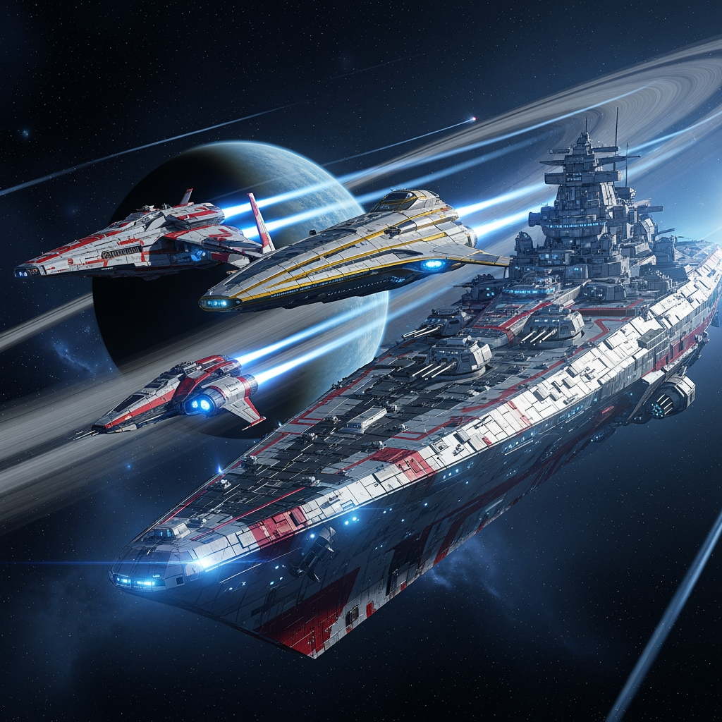 AI Design for Three highly detailed sci-fi spaceships of different sizes and distinct designs travel together through deep space. One is a large, heavily armored battleship, another is a sleek medium-sized cruiser, and the third is a smaller, fast futuristic scout ship. Each vessel has its own unique shape and technological style.

The spaceships feature brighter, contrasting colors that stand out from the dark background, with white, silver, red, and gold accents. Their engines are visibly active, producing glowing blue-white exhaust plumes and subtle plasma trails, conveying power and motion.

In the background, distant stars, faint nebulae, and a partially illuminated planet are visible. The scene has a cinematic and adventurous atmosphere rather than a dark one, with balanced lighting, subtle cyberpunk elements, and a strong sense of depth.

Style: ultra-detailed, cinematic sci-fi, subtle cyberpunk aesthetic, realistic lighting, vibrant colors, high contrast, volumetric lighting, 8K, wide-angle shot, epic scale, sense of motion.