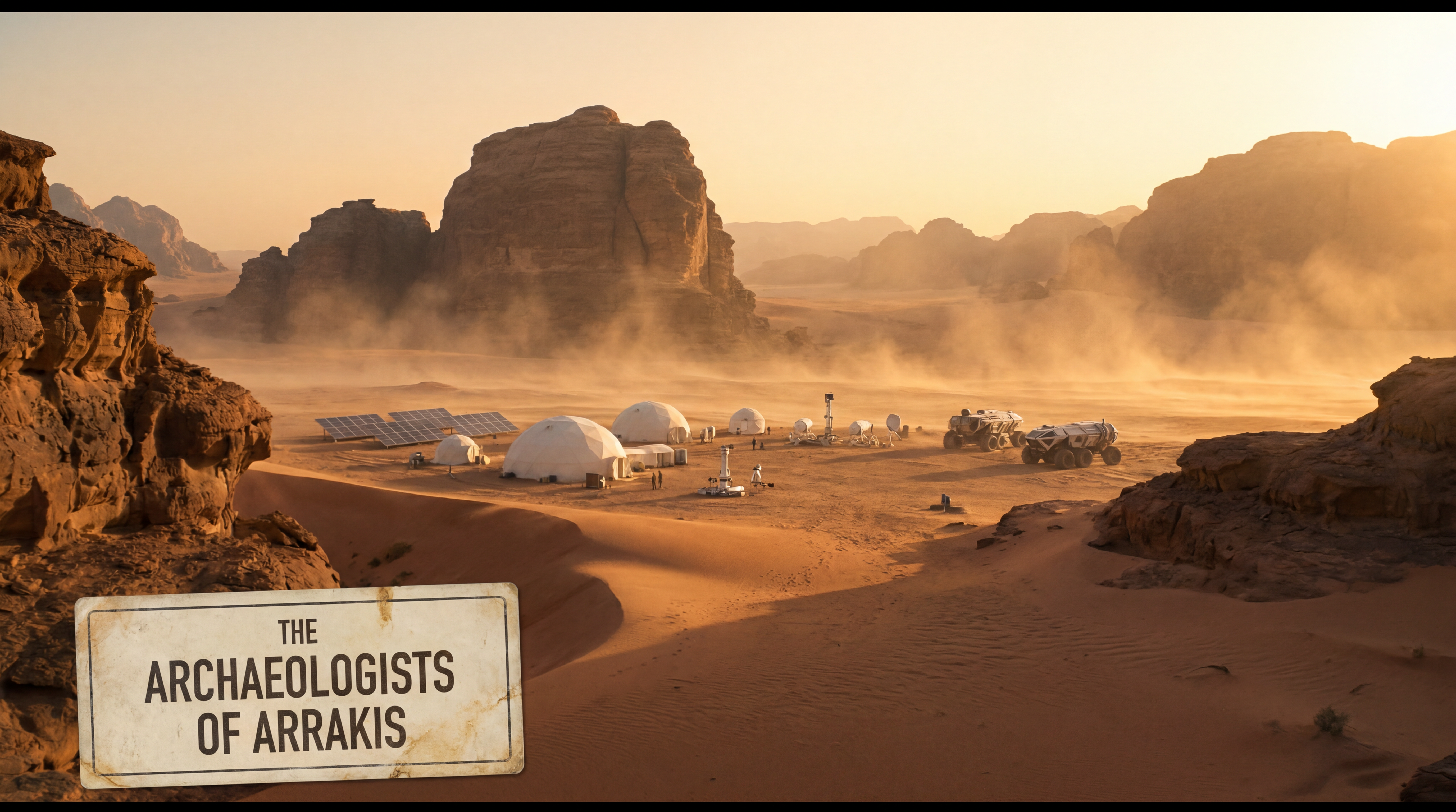 AI Design for Heat waves distort the horizon. In the distance, a modern archaeological research camp appears, with white tents, scientific equipment, solar panels and large exploration vehicles. The tiny human installation contrasts with the enormous ancient desert. Epic science fiction movie opening scene, ultra realistic, cinematic, IMAX quality, dramatic sunlight, volumetric lighting, 8K detail.