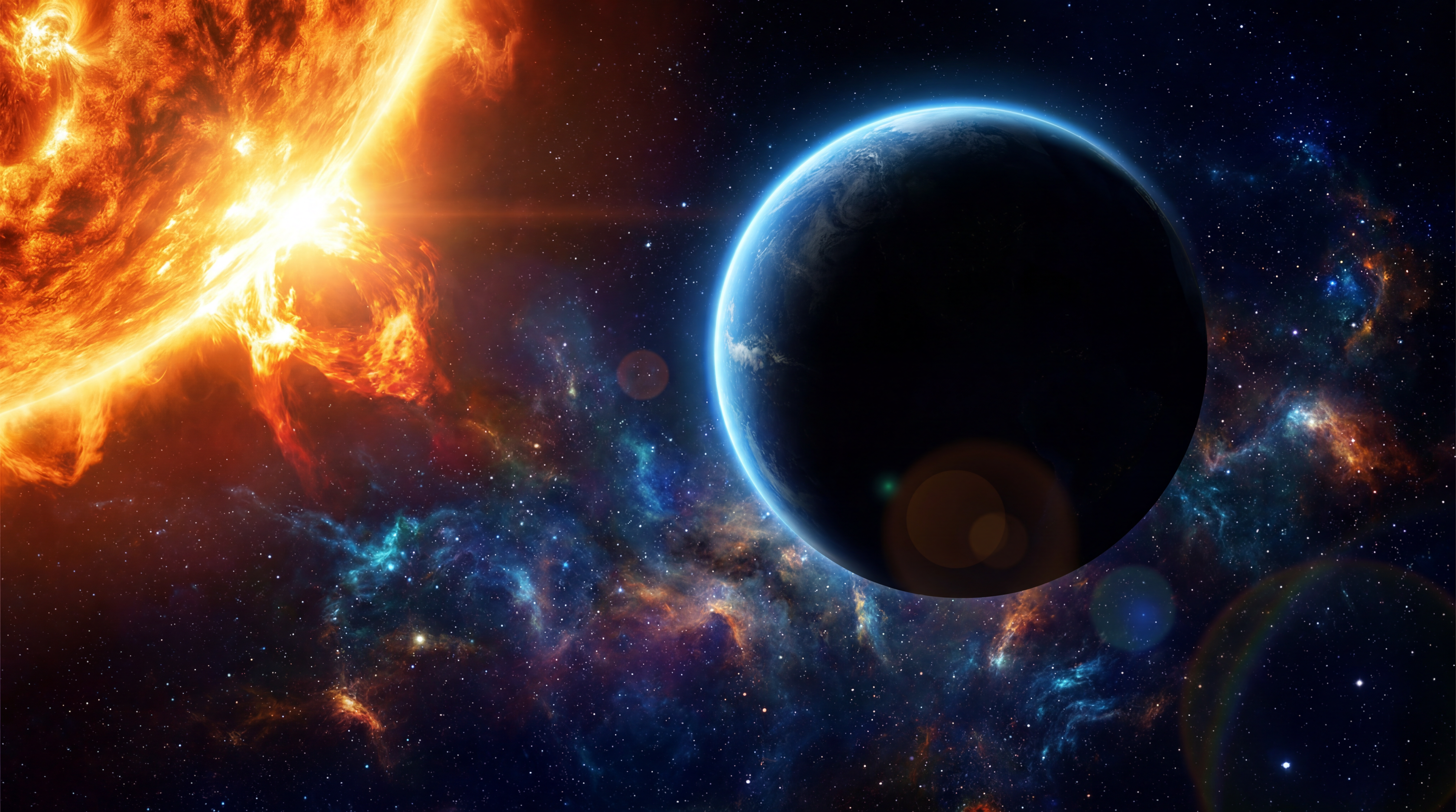 AI Design for The camera emerges from behind the blazing Sun revealing Earth almost entirely in shadow, surrounded by a thin glowing blue atmosphere. Deep star field and colorful nebulae fill the background. Monumental cinematic composition, ultra realistic, Hollywood science fiction, dramatic lighting, HDR, 8K.