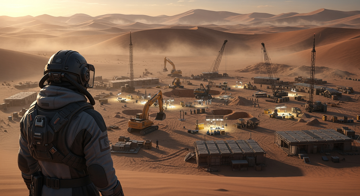 AI Design for A cinematic sci-fi scene in a vast desert archaeological research camp. A lone researcher stands on the edge of the camp, visible from the front, wearing a protective suit and helmet, and watches the distant excavation site. In front of him, large excavators, research cranes, scientific instruments and illuminated work areas can be seen in the sand. The researcher looks motionless at the vast excavation site, where an ancient, unknown secret is hidden deep in the sand. In the background, endless desert dunes, orange sunlight, slowly moving dust clouds and a gentle wind. The camera slowly approaches from behind the researcher, while the small human figure contrasts with the vast desert landscape. Mysterious, tense sci-fi atmosphere, cinematic composition