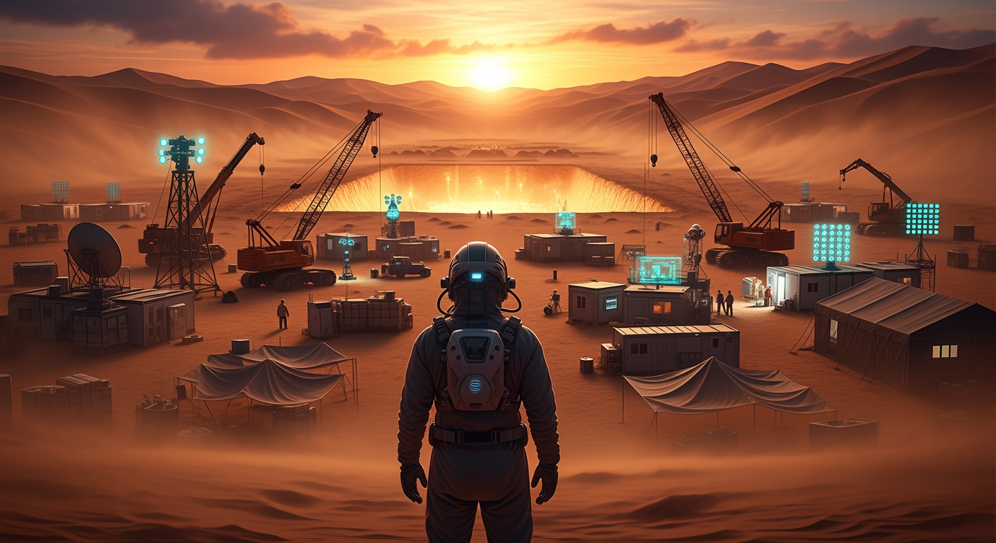 AI Design for Cinematic science fiction scene inside a massive desert archaeological research camp. A lone researcher stands at the edge of the camp, seen from behind, wearing a protective suit and helmet, looking toward the distant excavation site. In front of him are large excavation machines, research cranes, scientific equipment and illuminated work areas. The researcher silently watches the enormous excavation zone where an ancient unknown secret lies buried beneath the sand. Endless desert dunes stretch into the background, with orange sunset light, drifting dust clouds and a gentle desert wind.