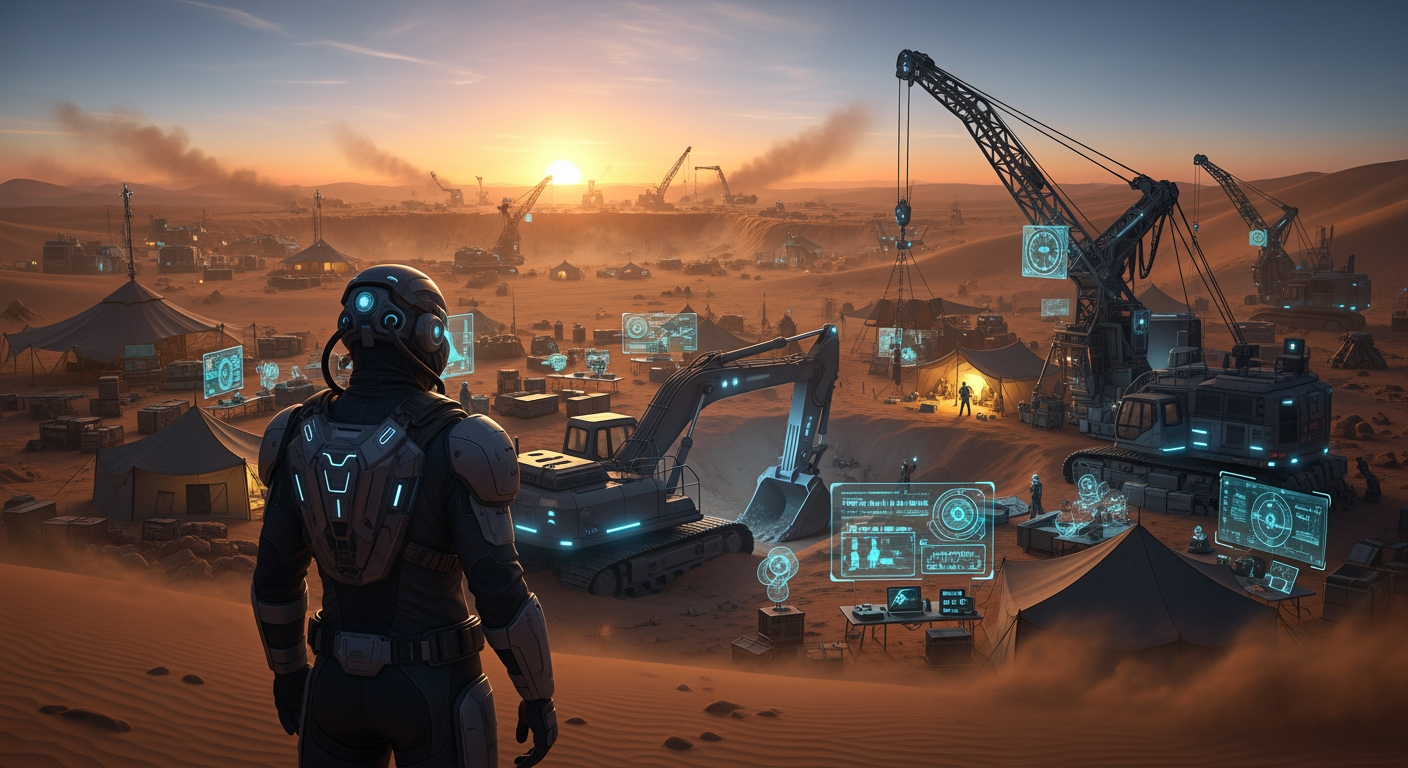 AI Design for A cinematic sci-fi scene in a vast desert archaeological research camp. A lone researcher stands on the edge of the camp, visible from the front, wearing a protective suit and helmet, and watches the distant desert. Behind him, large sci-fi excavators, research cranes, scientific instruments and illuminated work areas can be seen in the sand. The researcher looks motionless at the vast desert, where an ancient, unknown secret is hidden deep in the sand. In the background, an excavation area with tents, sci-fi machines, orange sunlight, slowly moving dust clouds and a gentle wind. Mysterious, tense sci-fi atmosphere, cinematic composition,